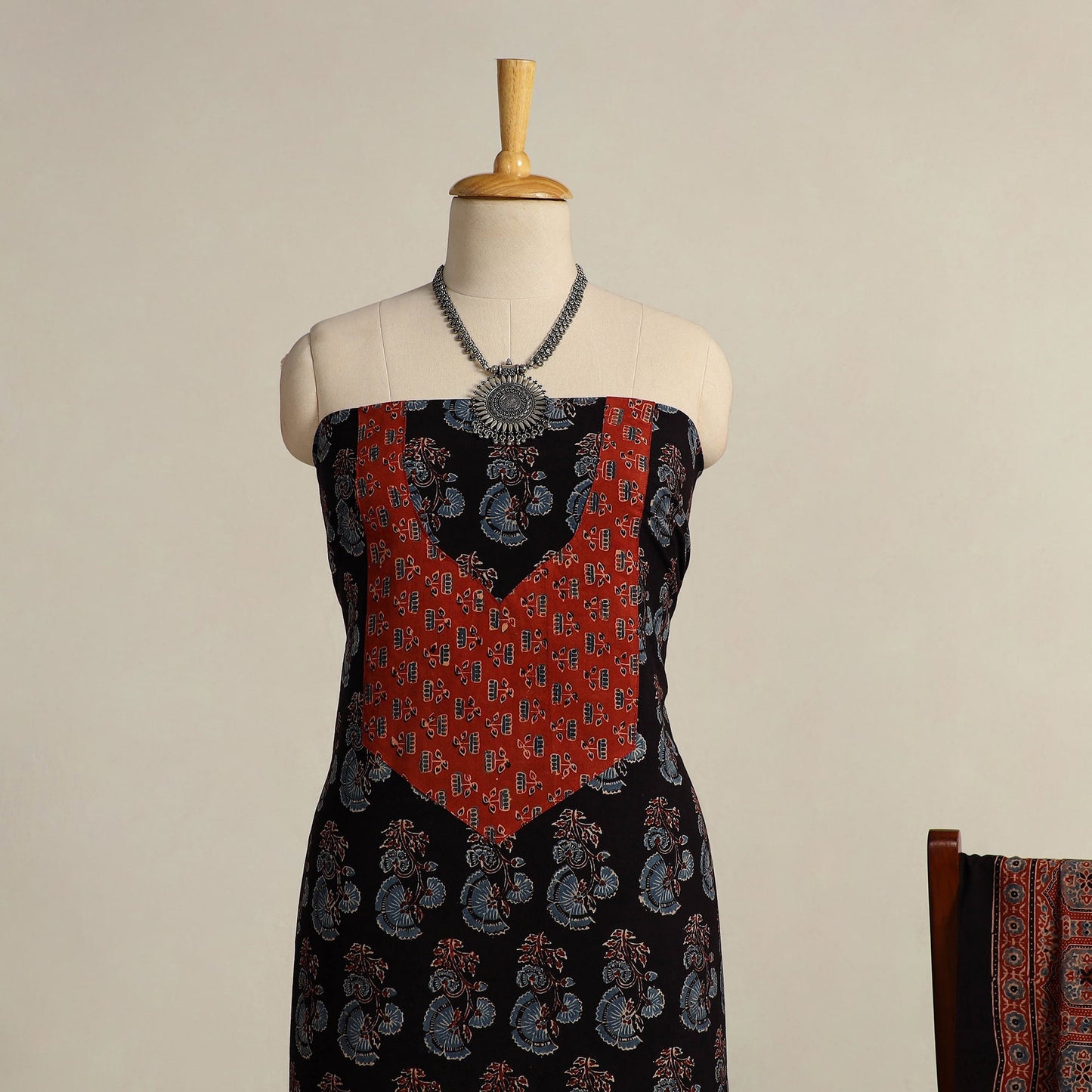 Black 2pc Block Print Natural Dyed Ajrakh Dress Material