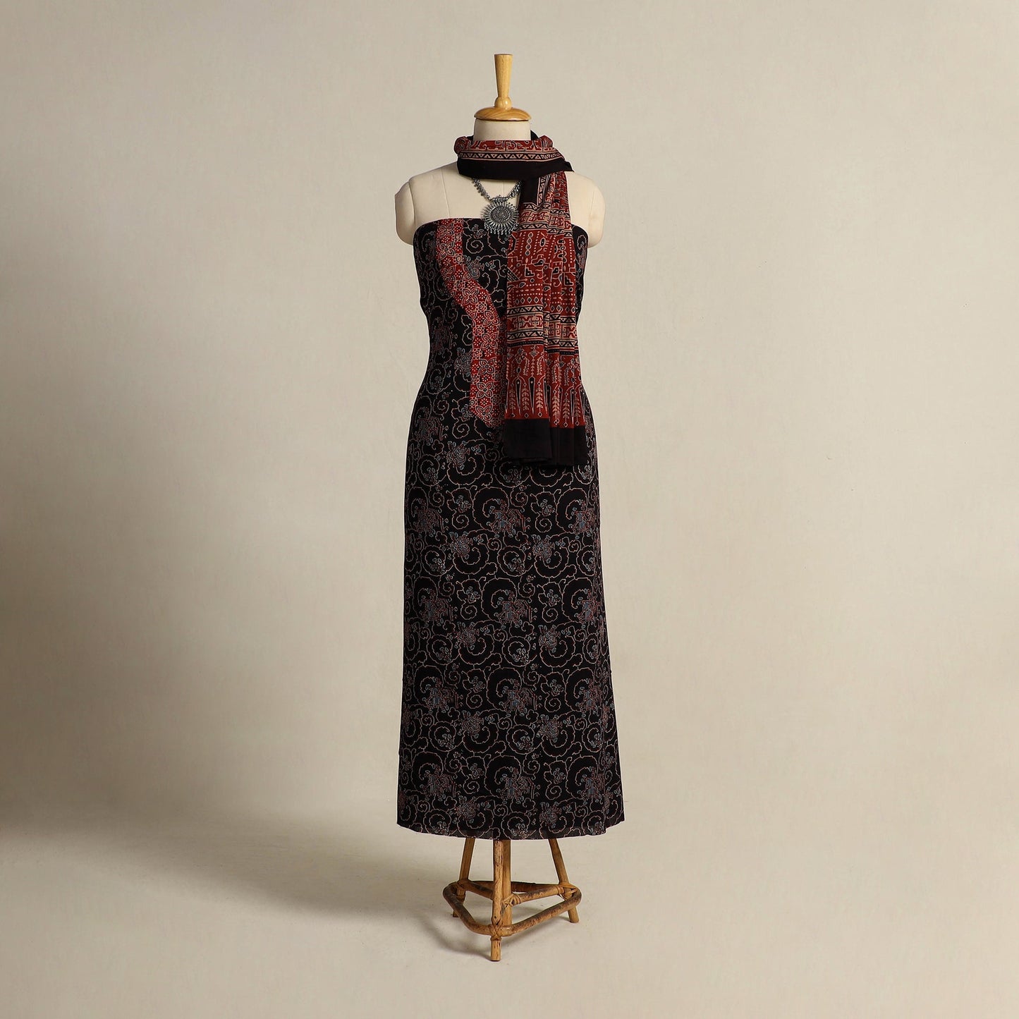 Black 2pc Block Print Natural Dyed Ajrakh Dress Material
