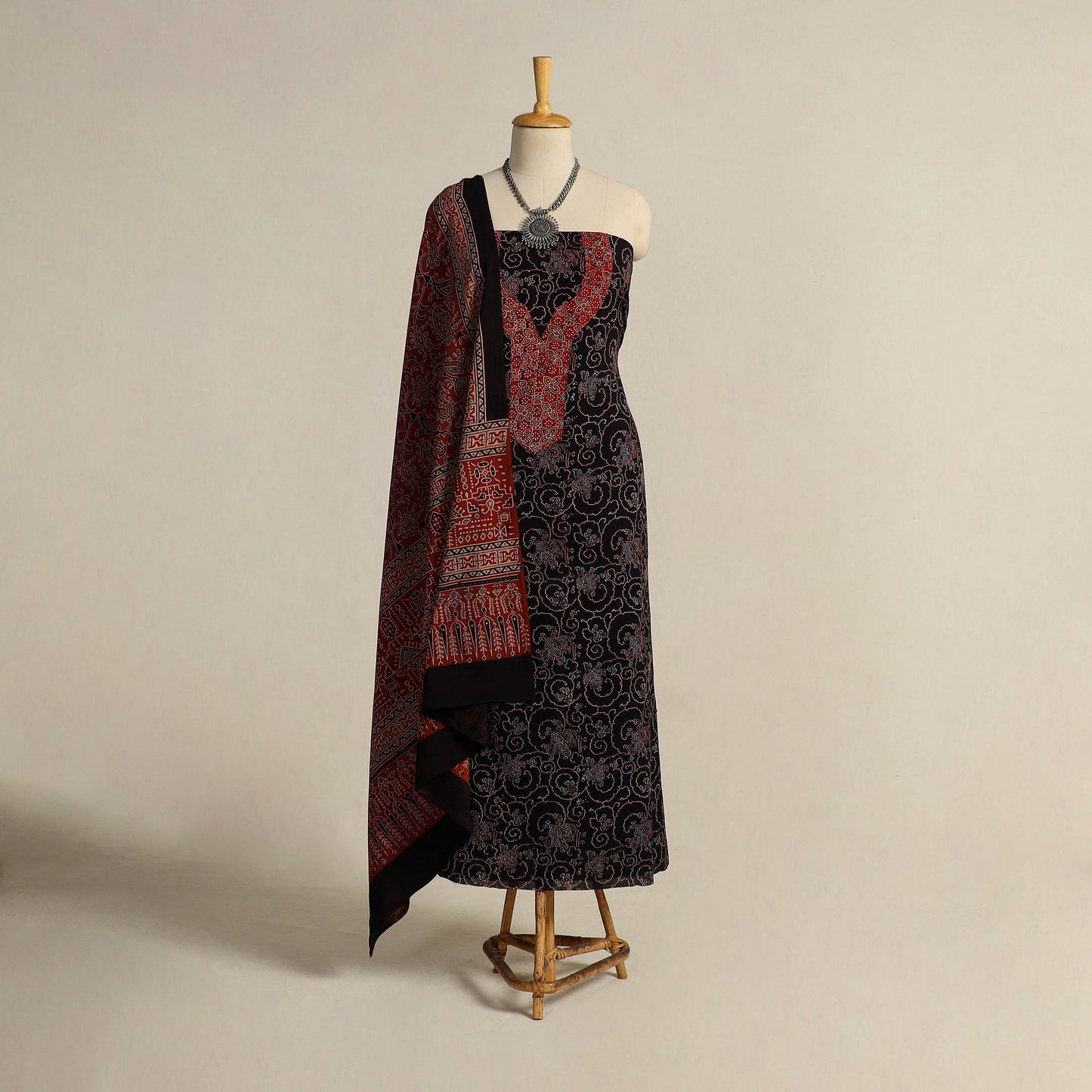 Black 2pc Block Print Natural Dyed Ajrakh Dress Material