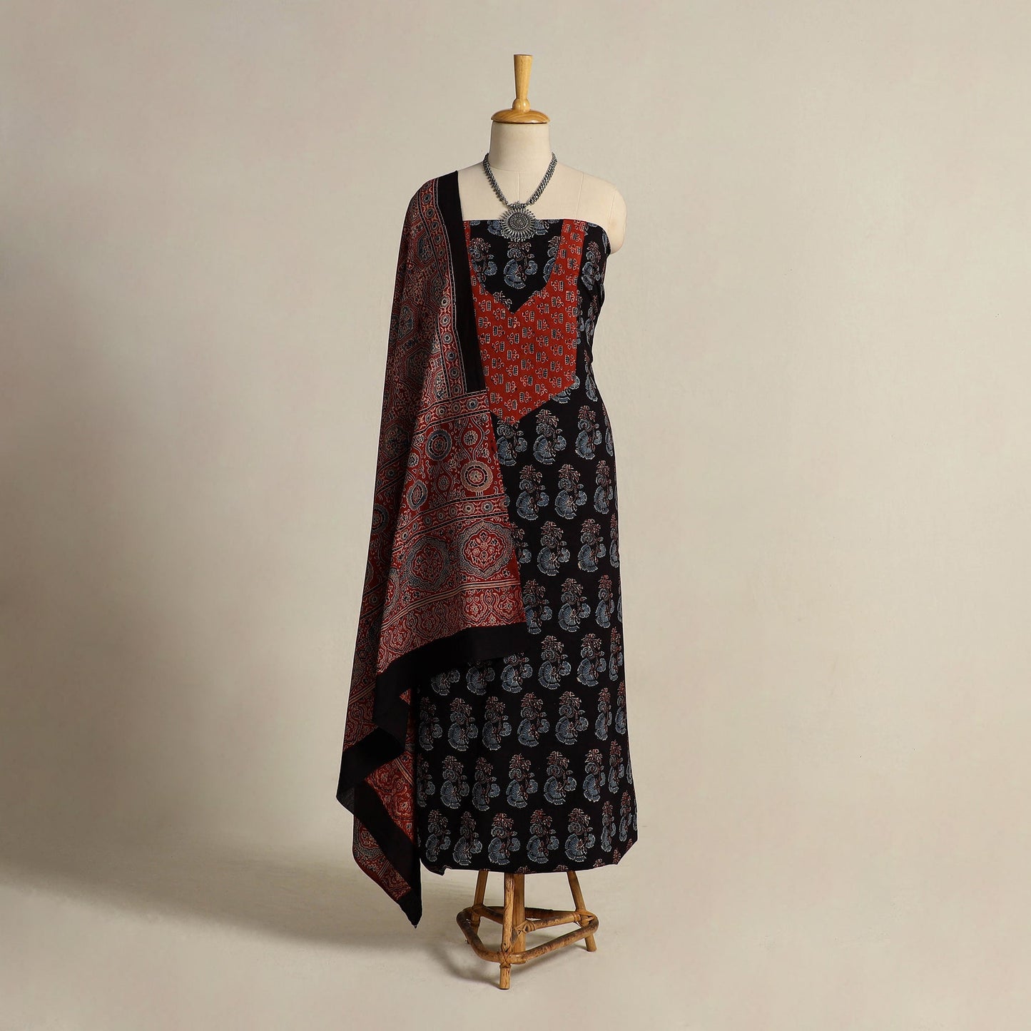 Black 2pc Block Print Natural Dyed Ajrakh Dress Material