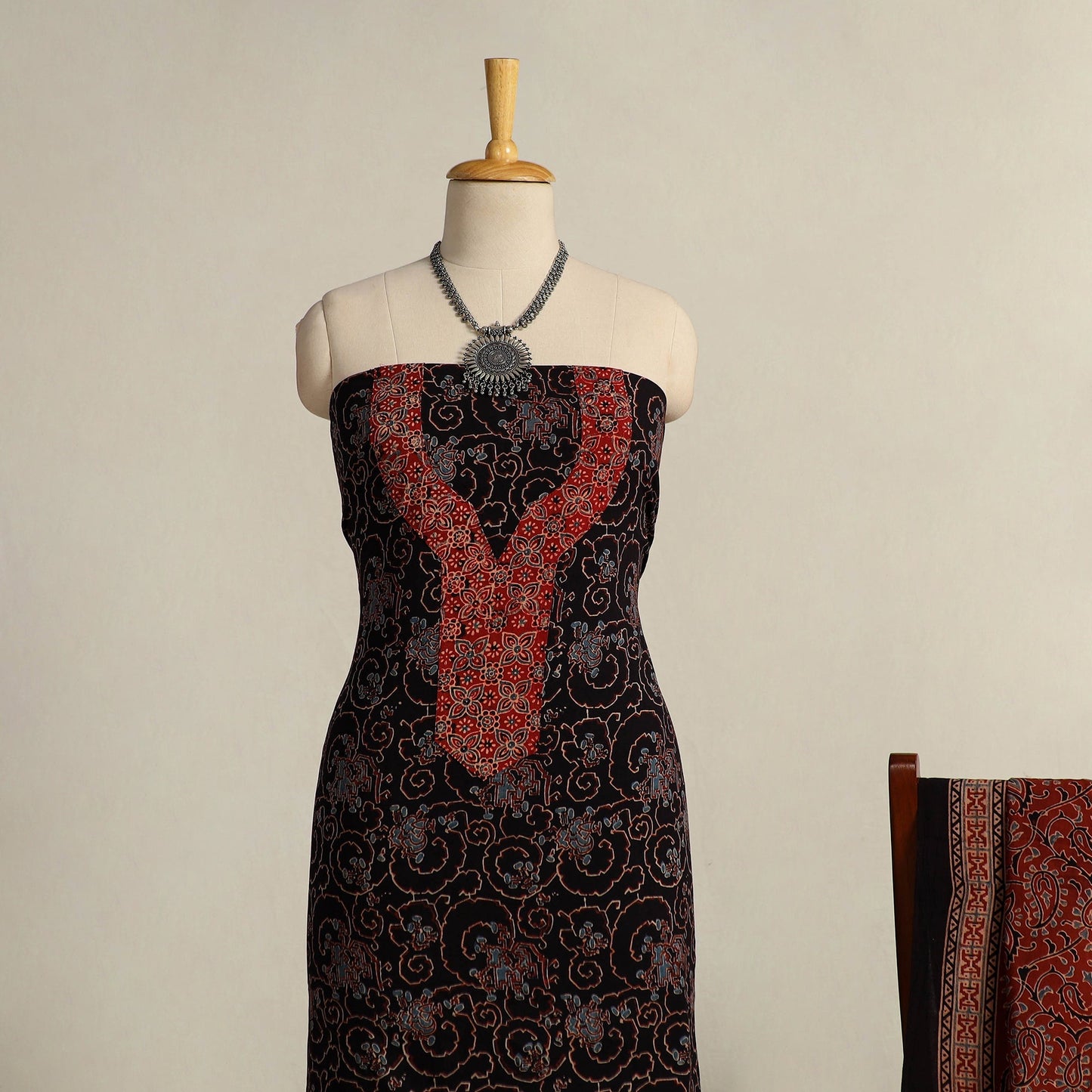 Black 2pc Block Print Natural Dyed Ajrakh Dress Material