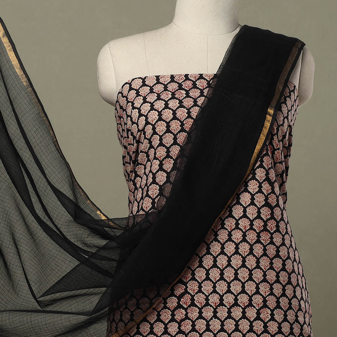 2pc Cotton Black Bagru Print Kurta with Plain Dupatta