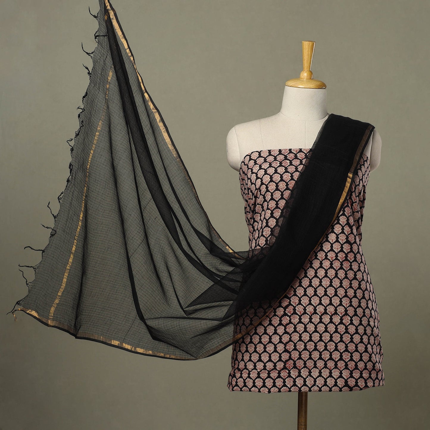 2pc Cotton Black Bagru Print Kurta with Plain Dupatta