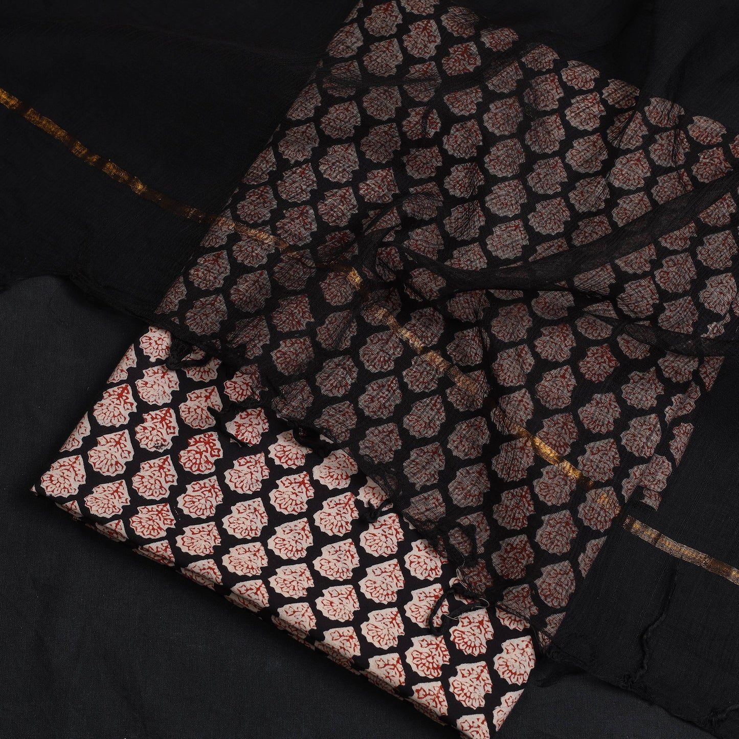 2pc Cotton Black Bagru Print Kurta with Plain Dupatta
