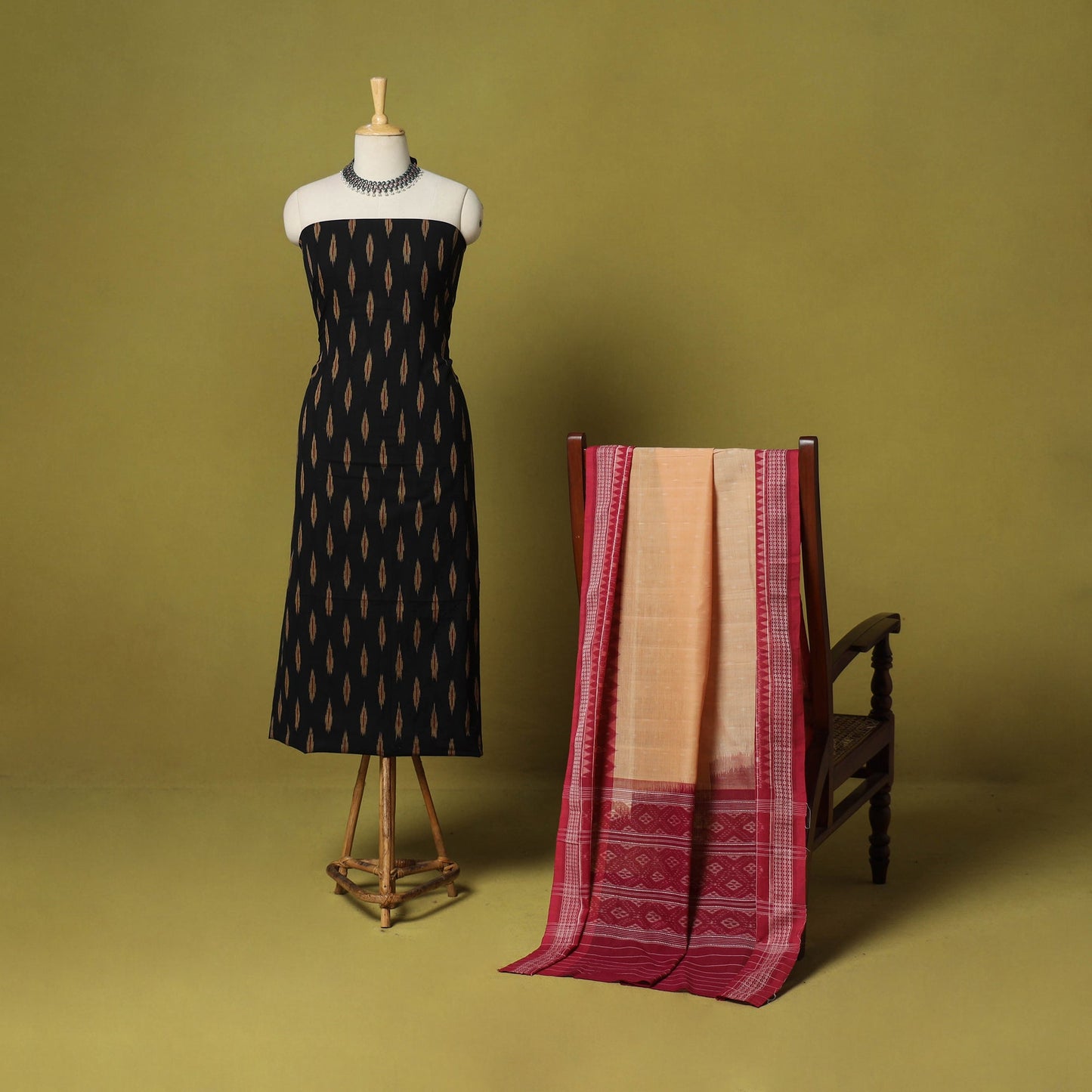 Black - 2pc cotton unstitched pochampally ikat dress