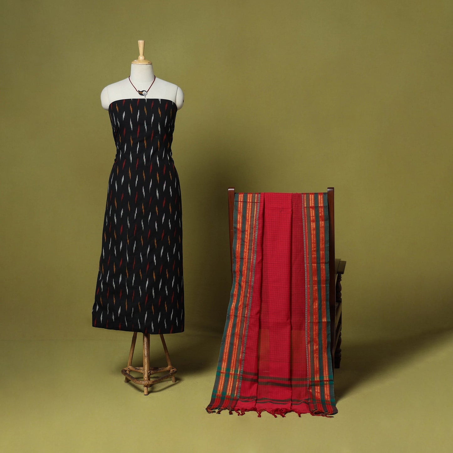 Black - 2pc cotton unstitched pochampally ikat dress