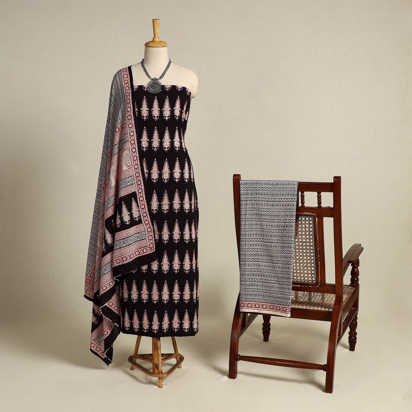 Black 3pc Bagh Print Cotton Dress Material Set