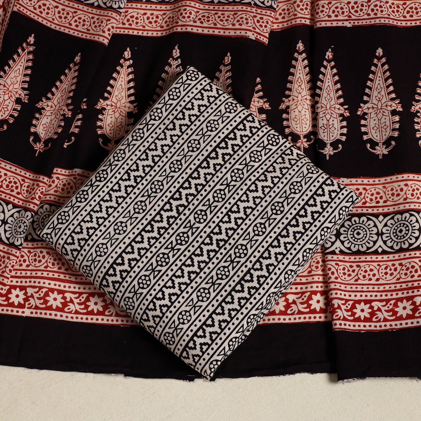 Black 3pc Bagh Print Cotton Dress Material Set