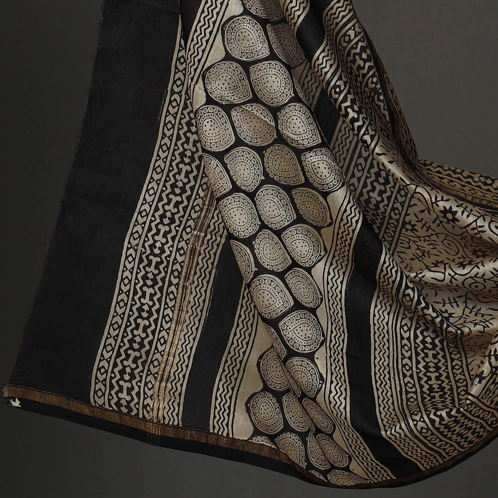 Black 3pc Bagru Print Chanderi Silk Dress Material Online