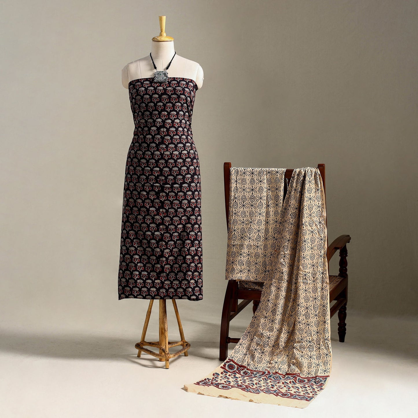 Black 3pc Block Print Cotton Ajrakh Dress Material