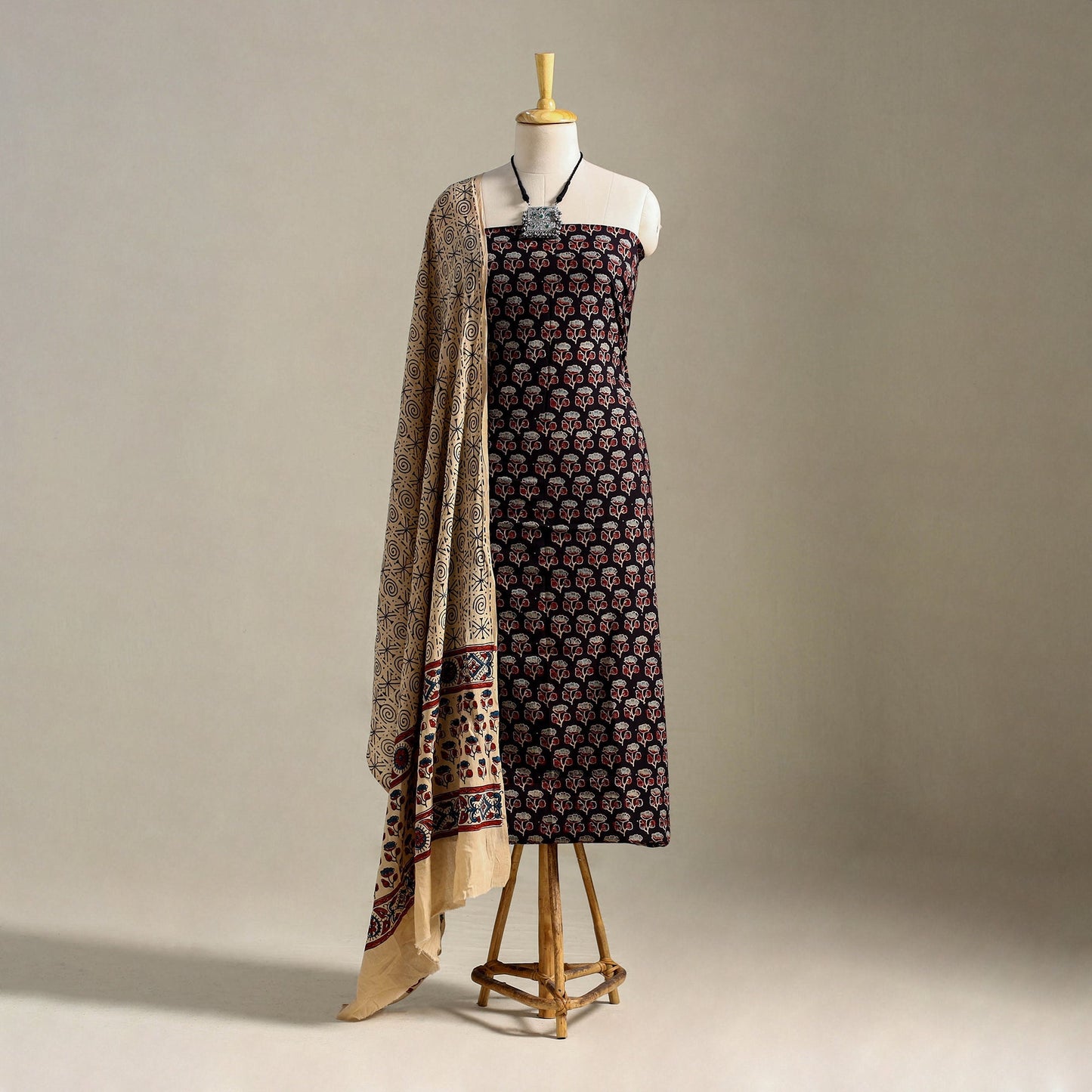 Black 3pc Block Print Cotton Ajrakh Dress Material