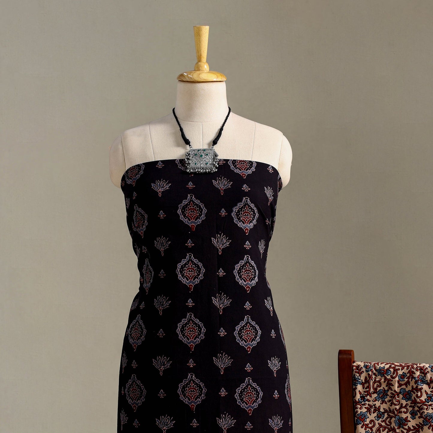 Black 3pc Block Print Natural Dyed Ajrakh Dress Material