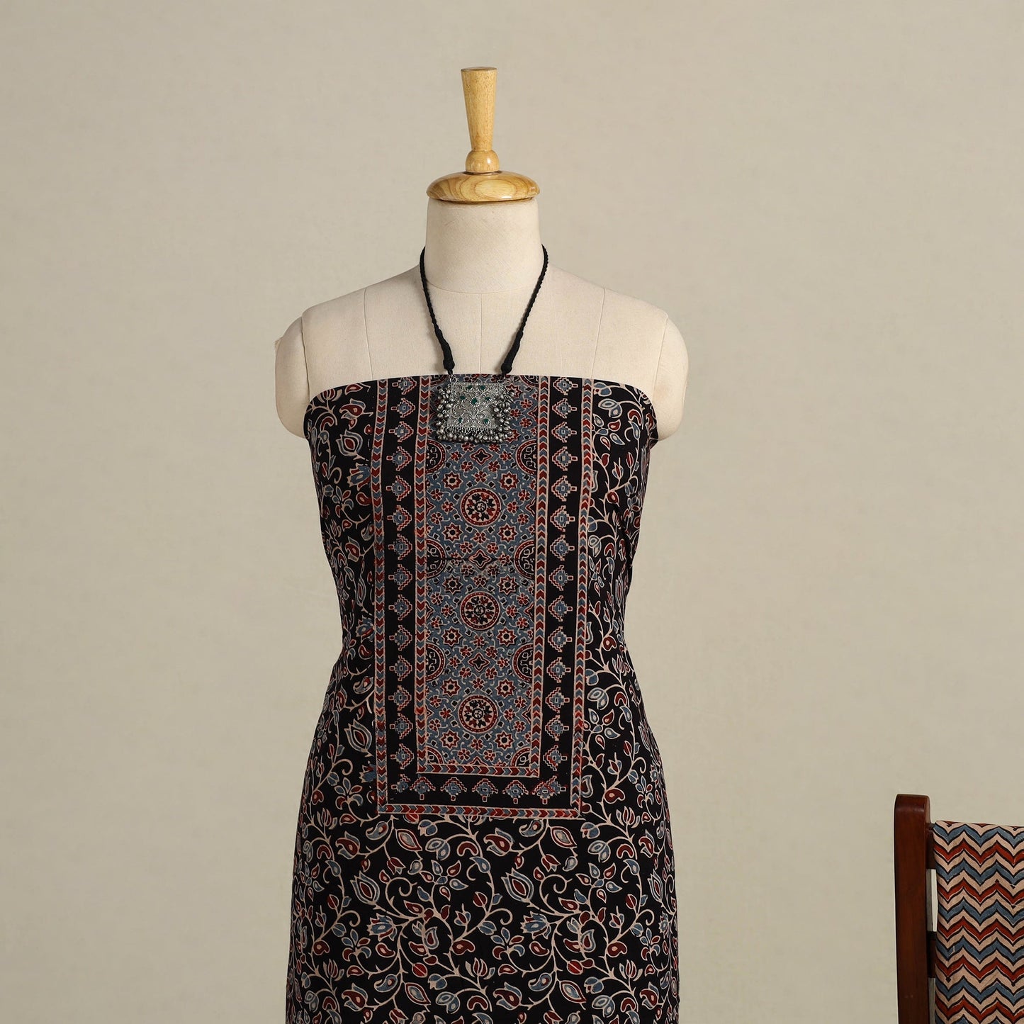 Black 3pc Block Print Natural Dyed Ajrakh Dress Material
