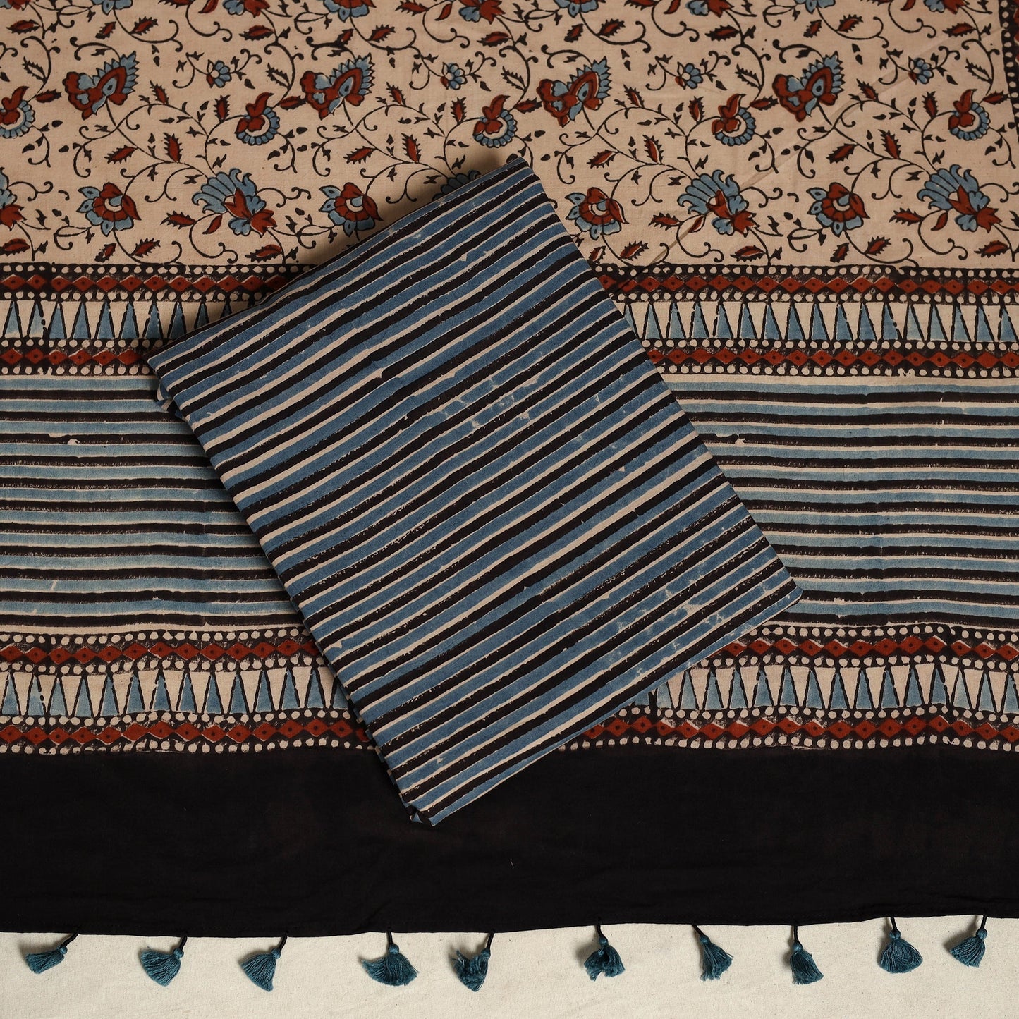 Black 3pc Block Print Natural Dyed Ajrakh Dress Material