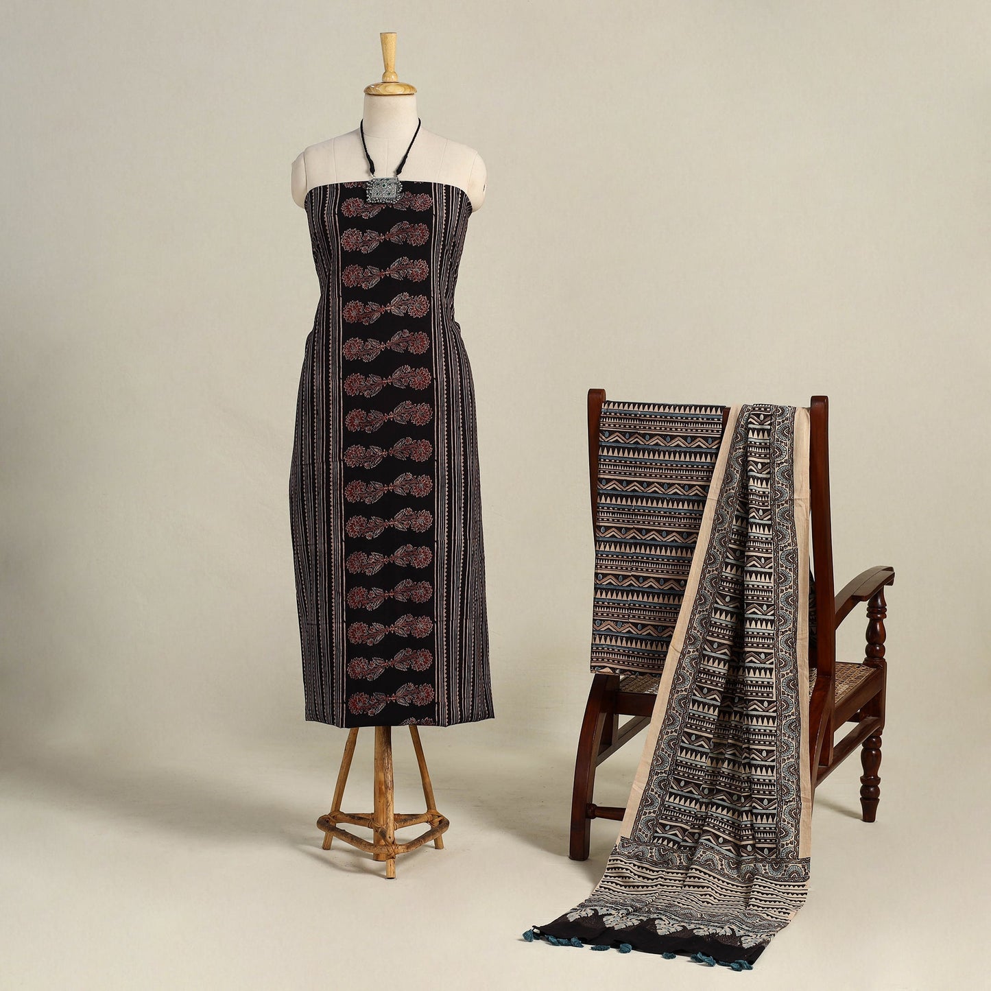 Black 3pc Block Print Natural Dyed Ajrakh Dress Material