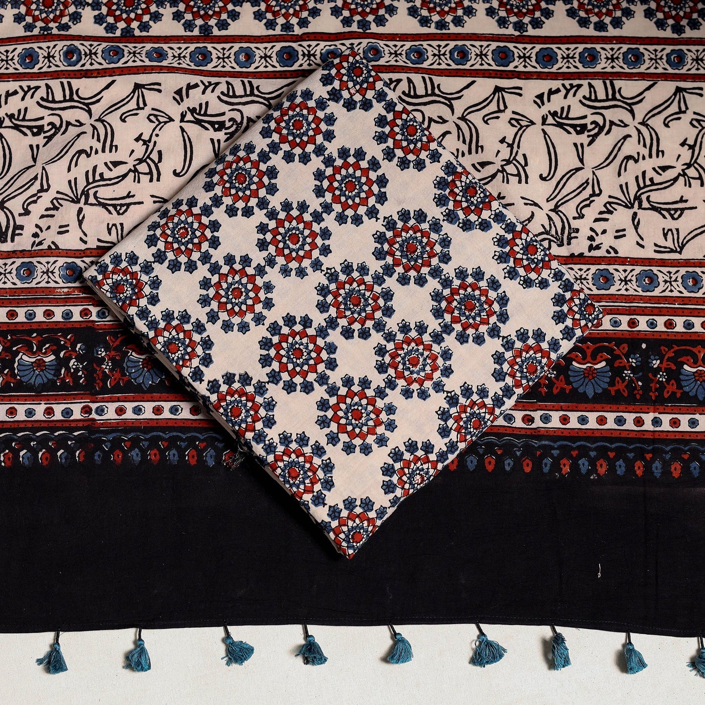 Black 3pc Block Print Natural Dyed Ajrakh Dress Material