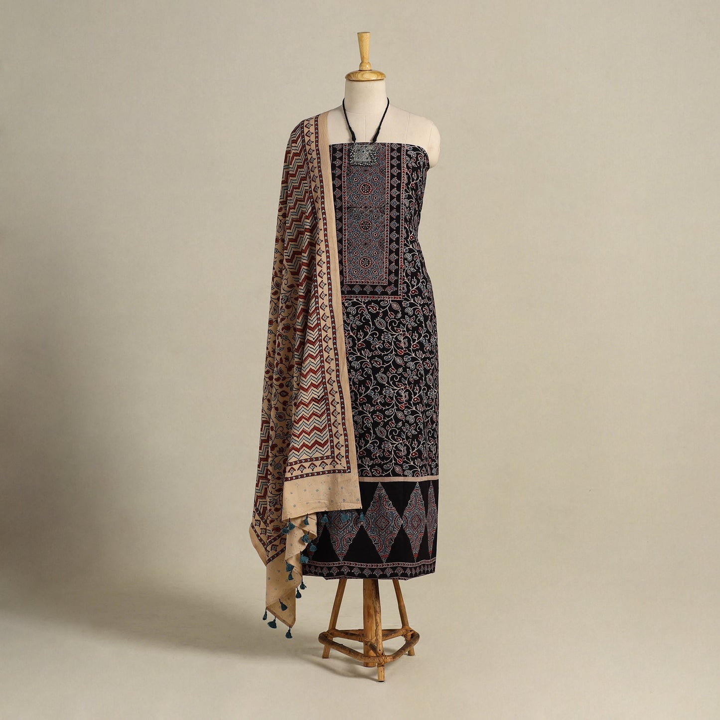 Black 3pc Block Print Natural Dyed Ajrakh Dress Material