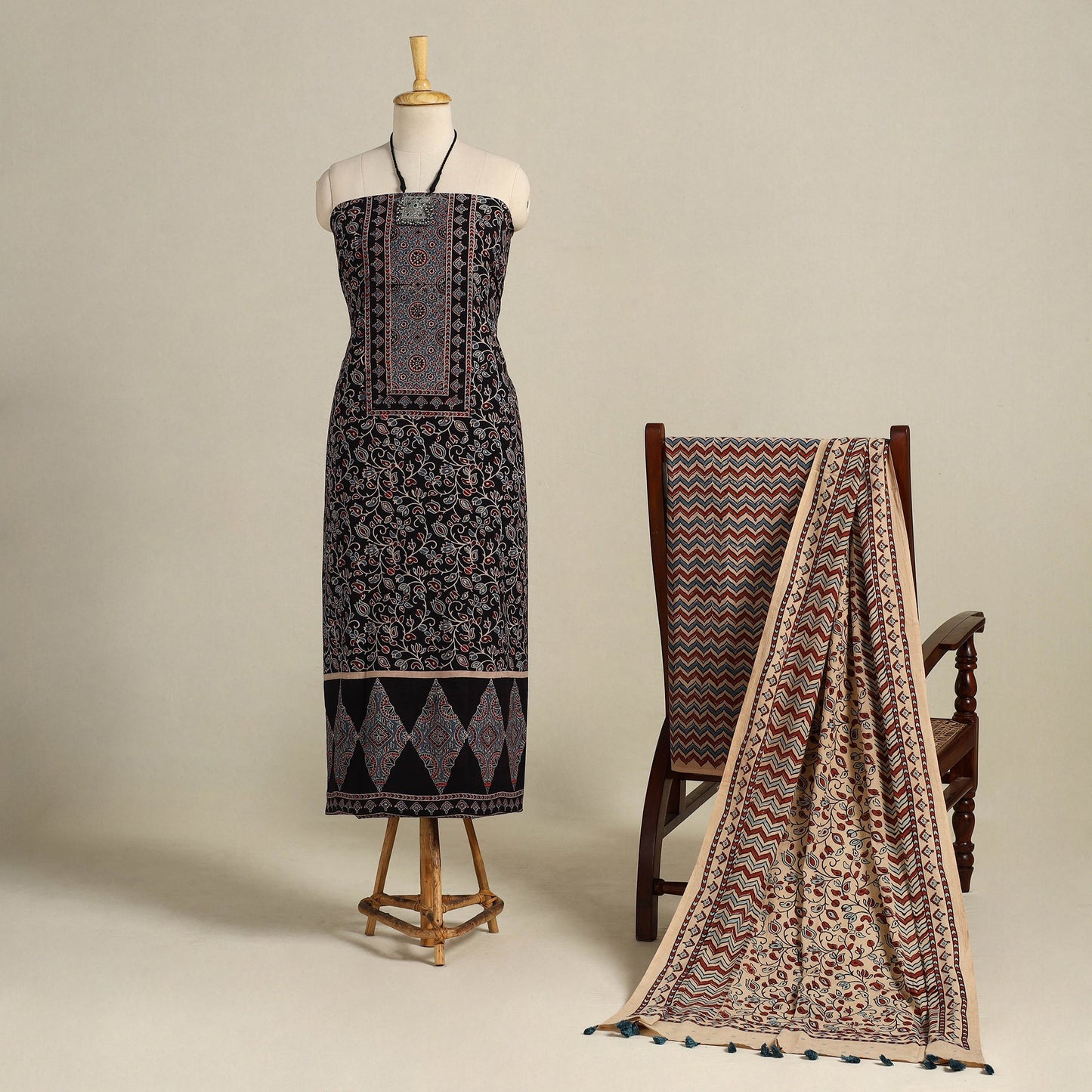 Black 3pc Block Print Natural Dyed Ajrakh Dress Material