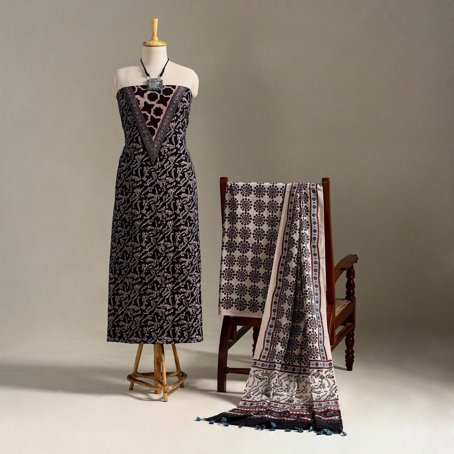 Black 3pc Block Print Natural Dyed Ajrakh Dress Material