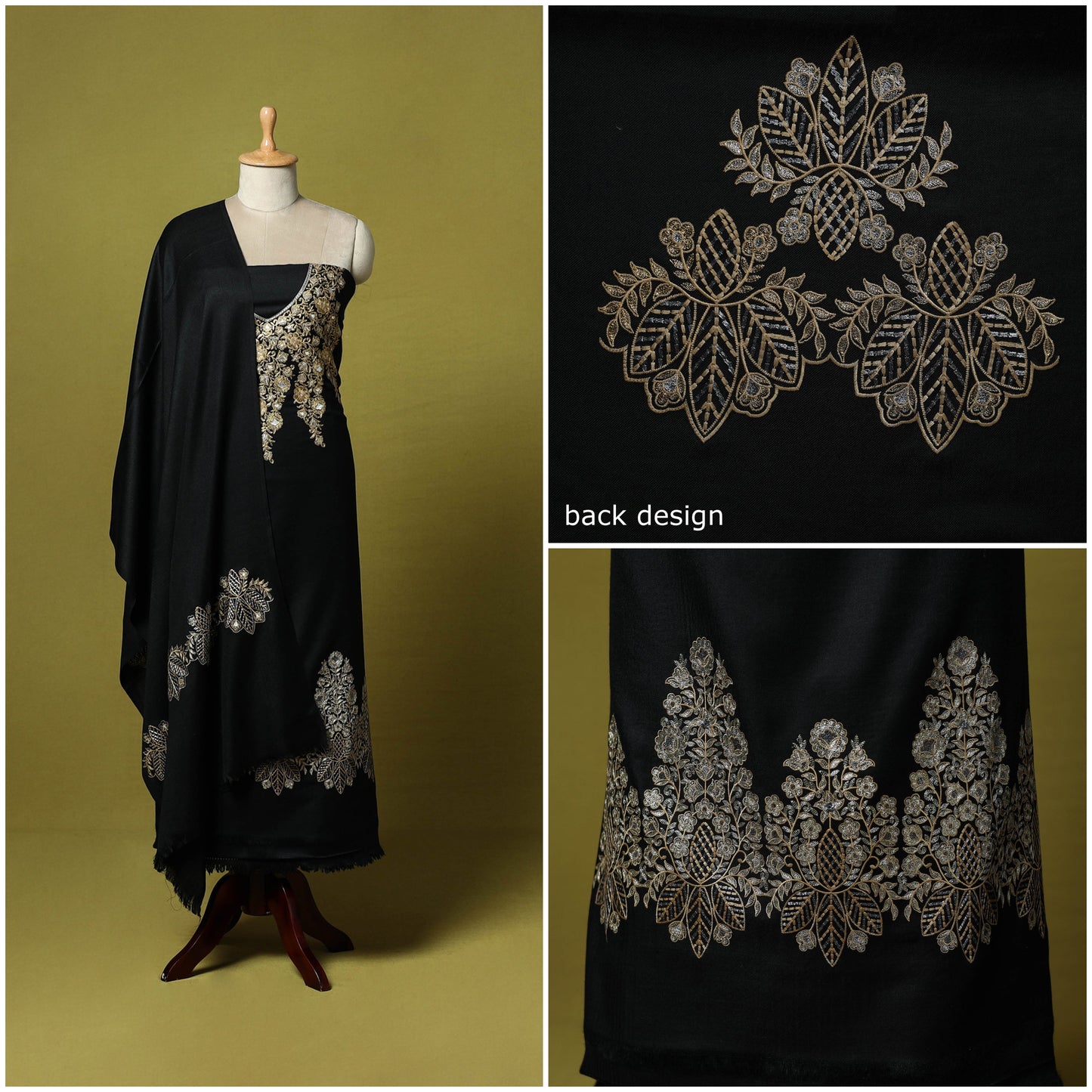 Black - 3pc chain stitch embroidered merino wool unstitched