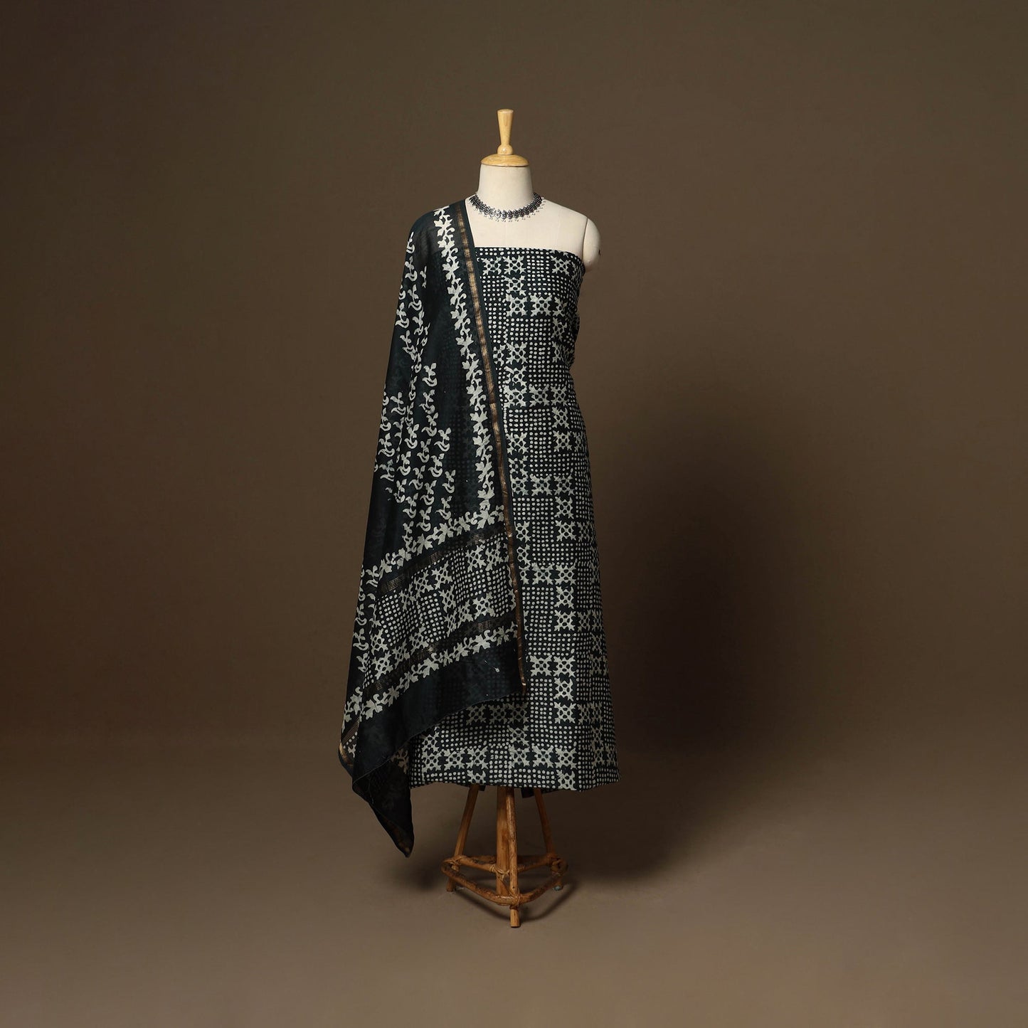 Black - 3pc chanderi silk unstitched hand batik dress
