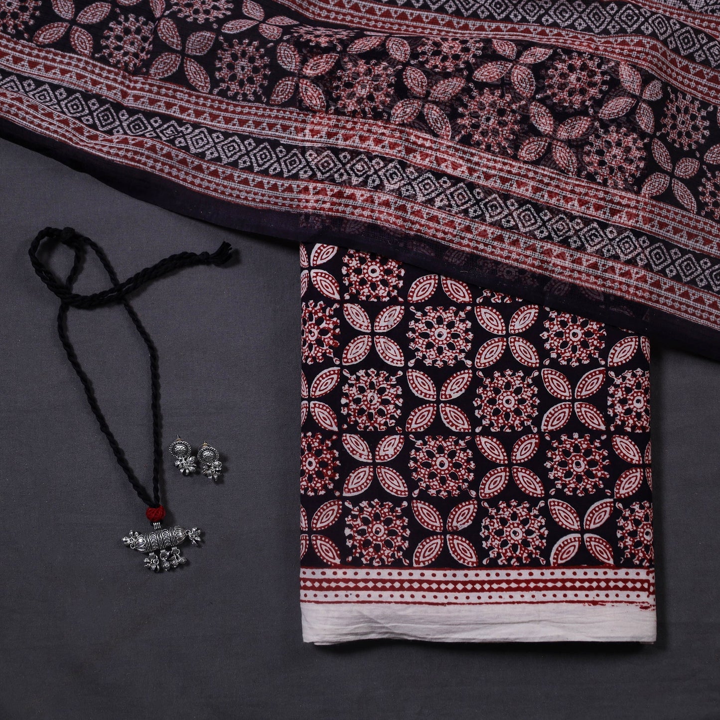 Black 3pc Cotton Bagh Print Dress Material with Jewellery Set