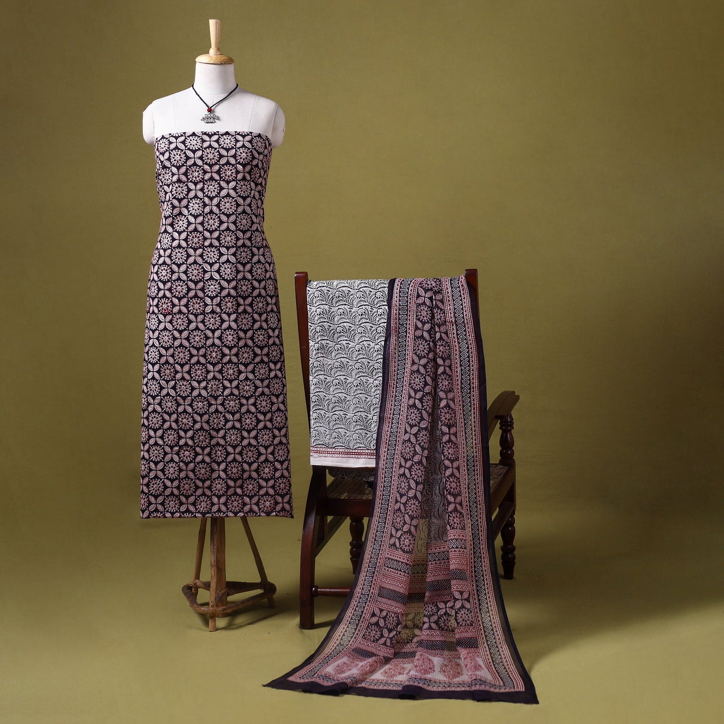Black 3pc Cotton Bagh Print Dress Material with Jewellery Set