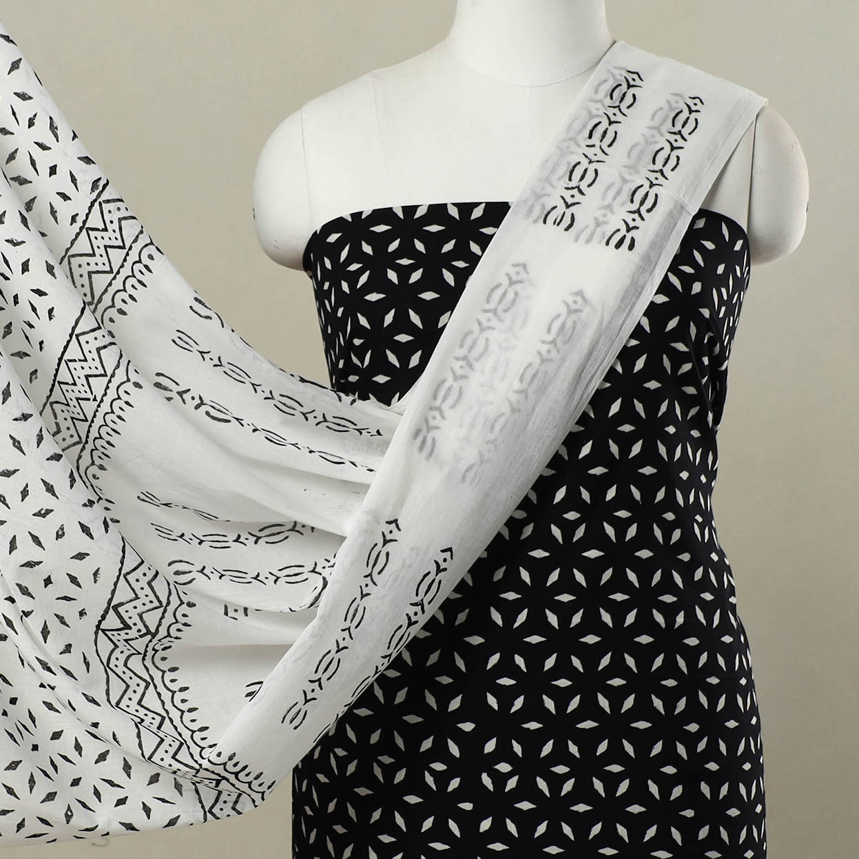 Buy Black 3pc Cotton Sanganeri Print Dress Material
