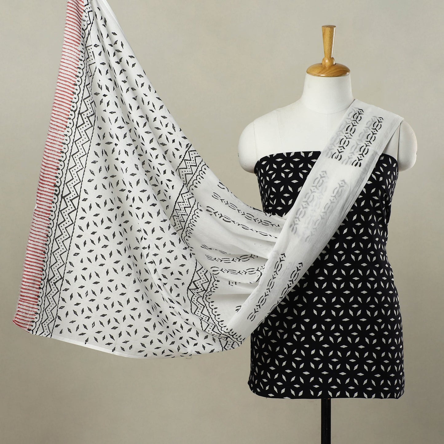 Buy Black 3pc Cotton Sanganeri Print Dress Material
