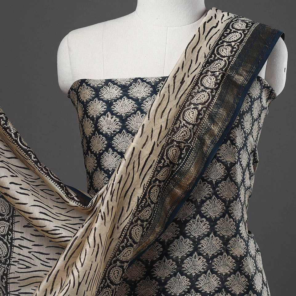 Buy Black 3pc Maheshwari Silk Bagru Print Dress Material