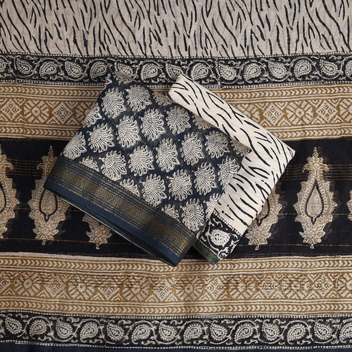 Buy Black 3pc Maheshwari Silk Bagru Print Dress Material