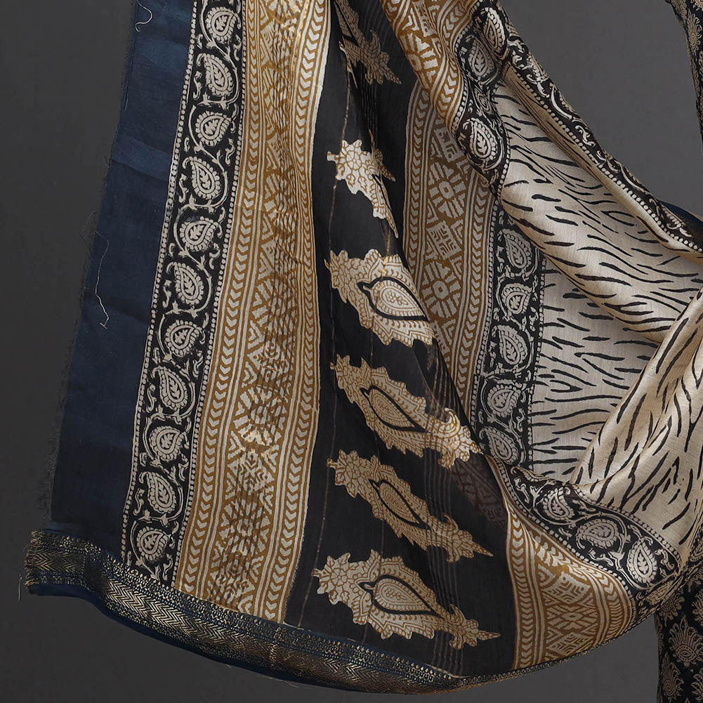 Buy Black 3pc Maheshwari Silk Bagru Print Dress Material