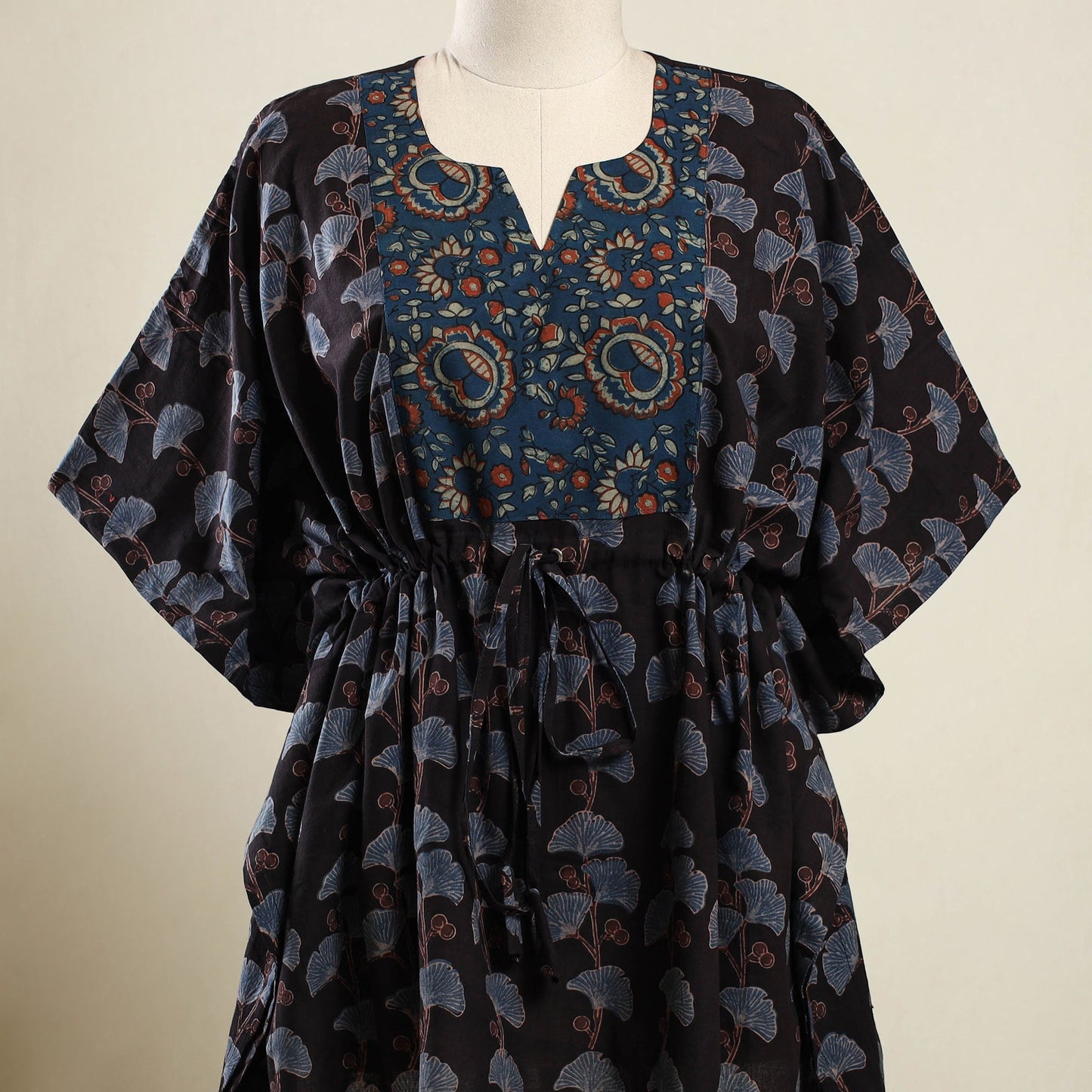 Black Ajrakh Block Print Patchwork Cotton Kaftan