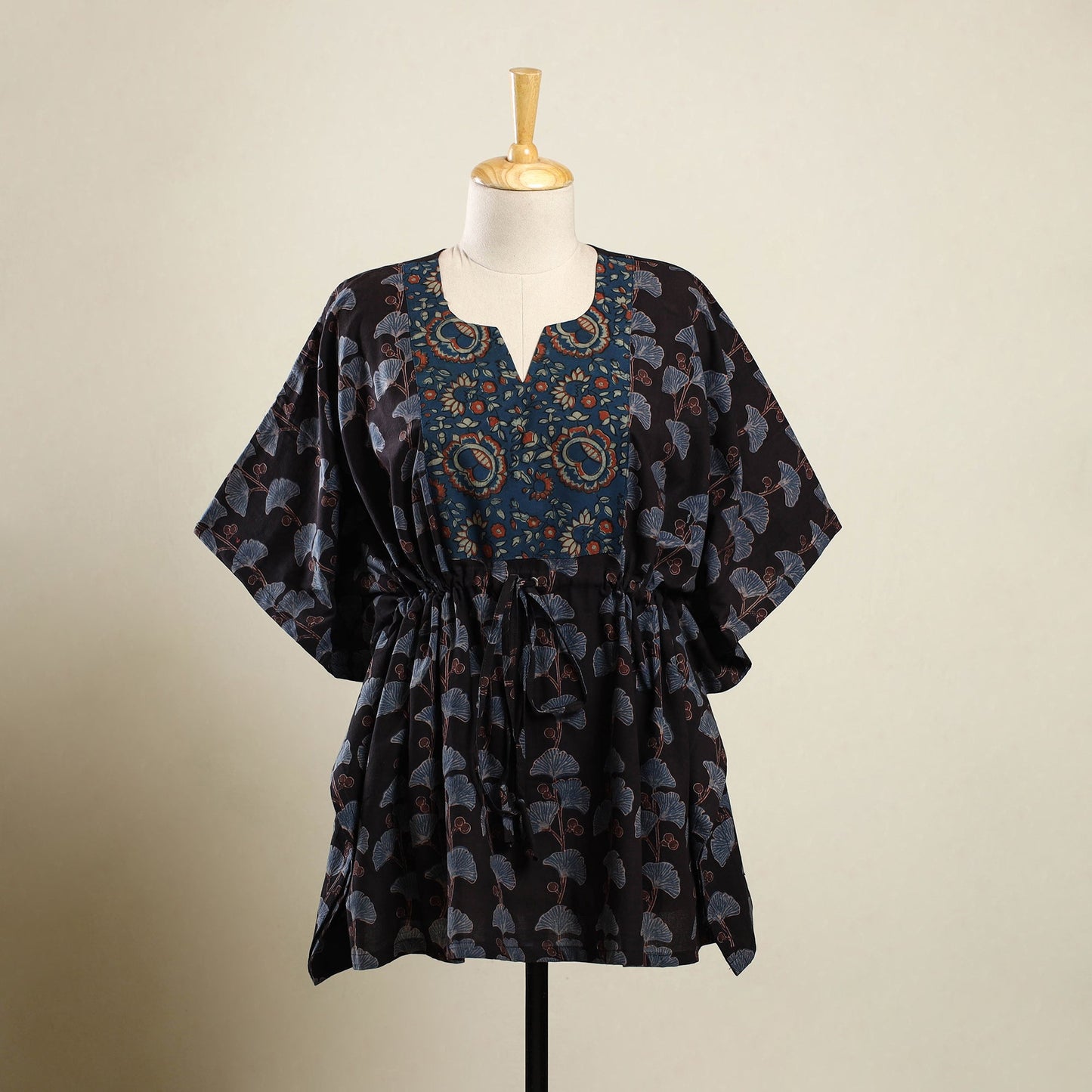 Black Ajrakh Block Print Patchwork Cotton Kaftan