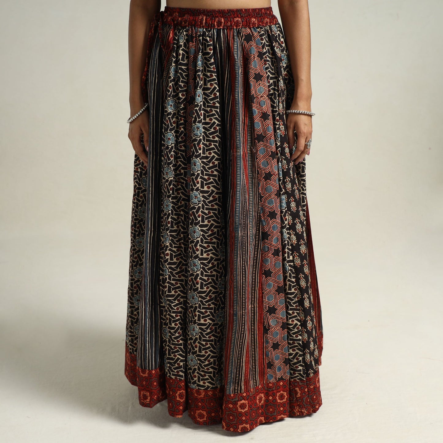 Ajrakh Block Printed 24 Kali Patchwork Cotton Long Skirt 08