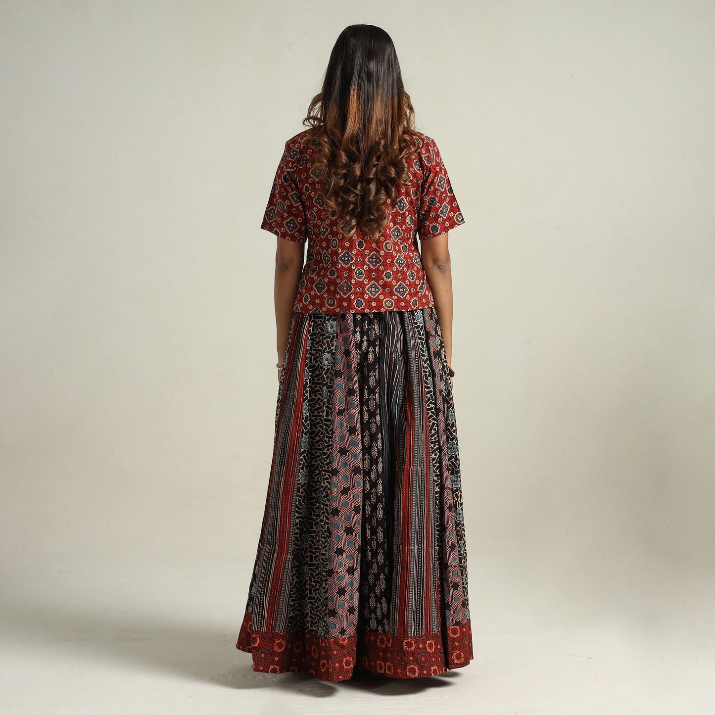 Ajrakh Block Printed 24 Kali Patchwork Cotton Long Skirt 08