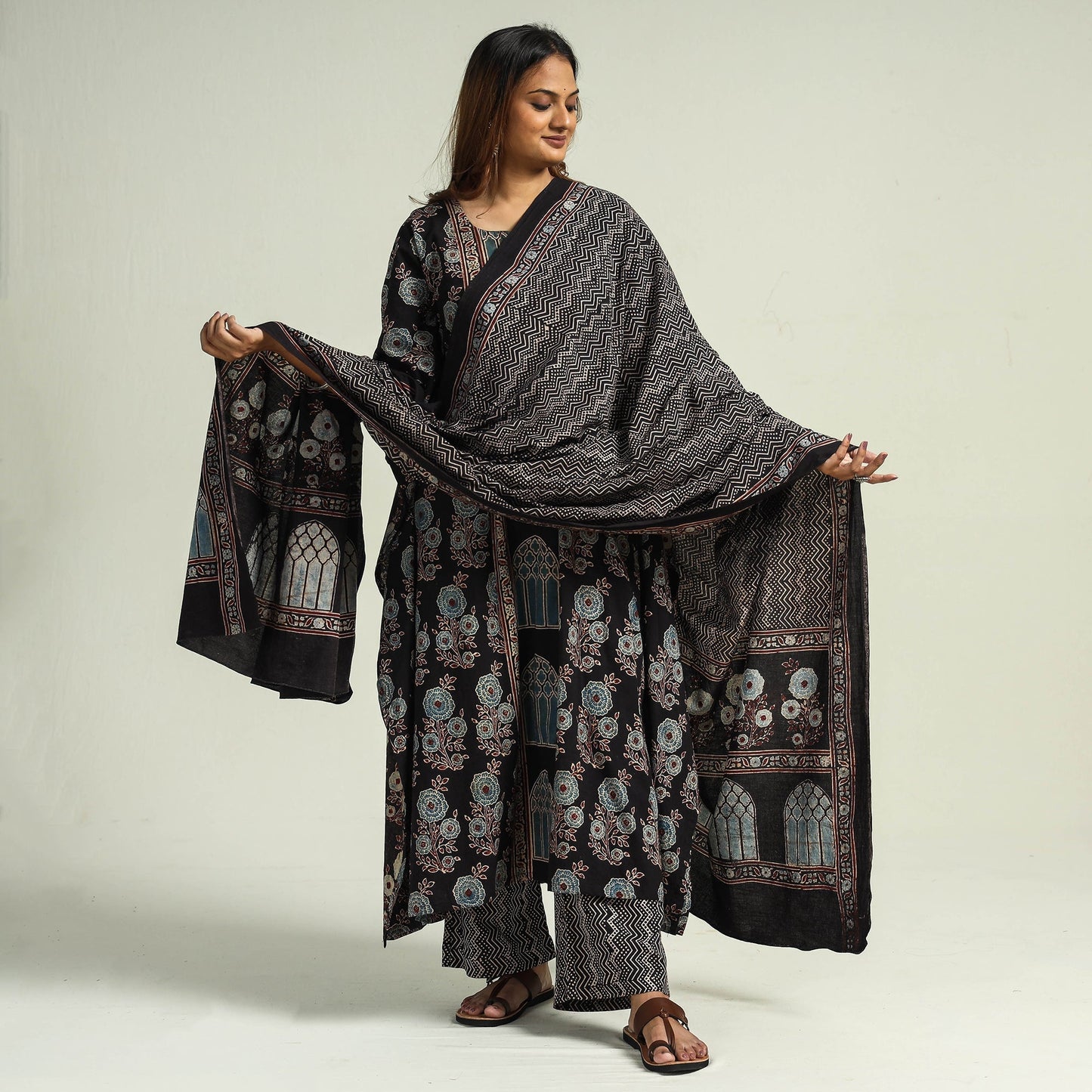 Black - printed cotton kaftan with palazzo & dupatta set