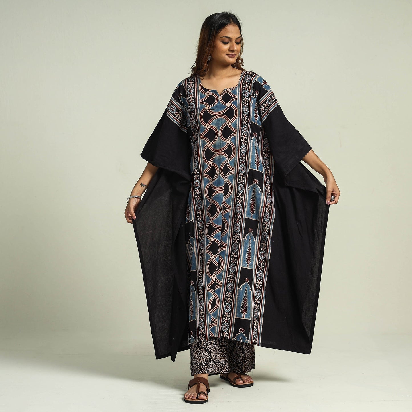 Ajrakh Kaftan with Palazzo & Dupatta Set