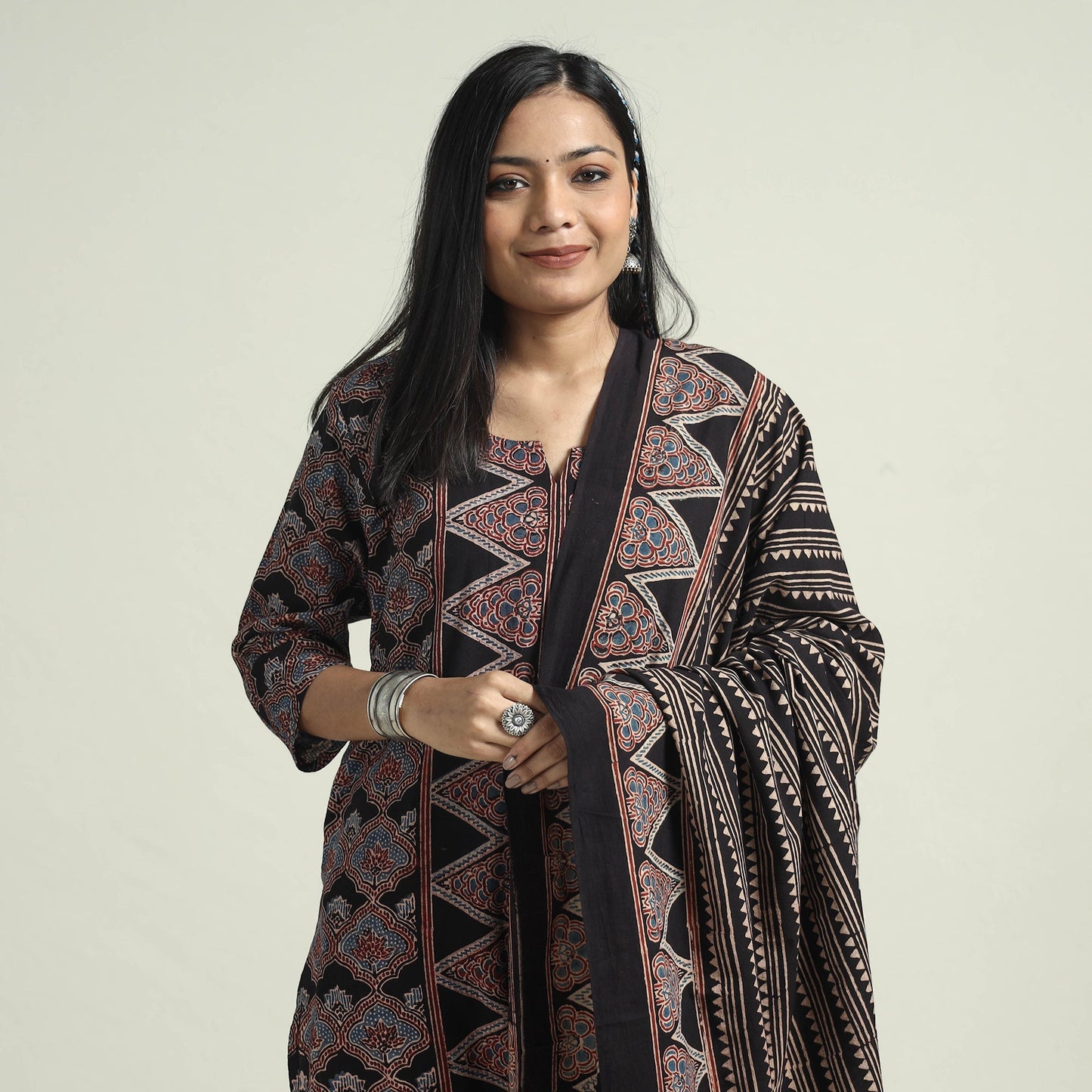 Buy Ajrakh Block Printed Cotton Kurta With Palazzo & Dupatta Set Online at iTokri.com