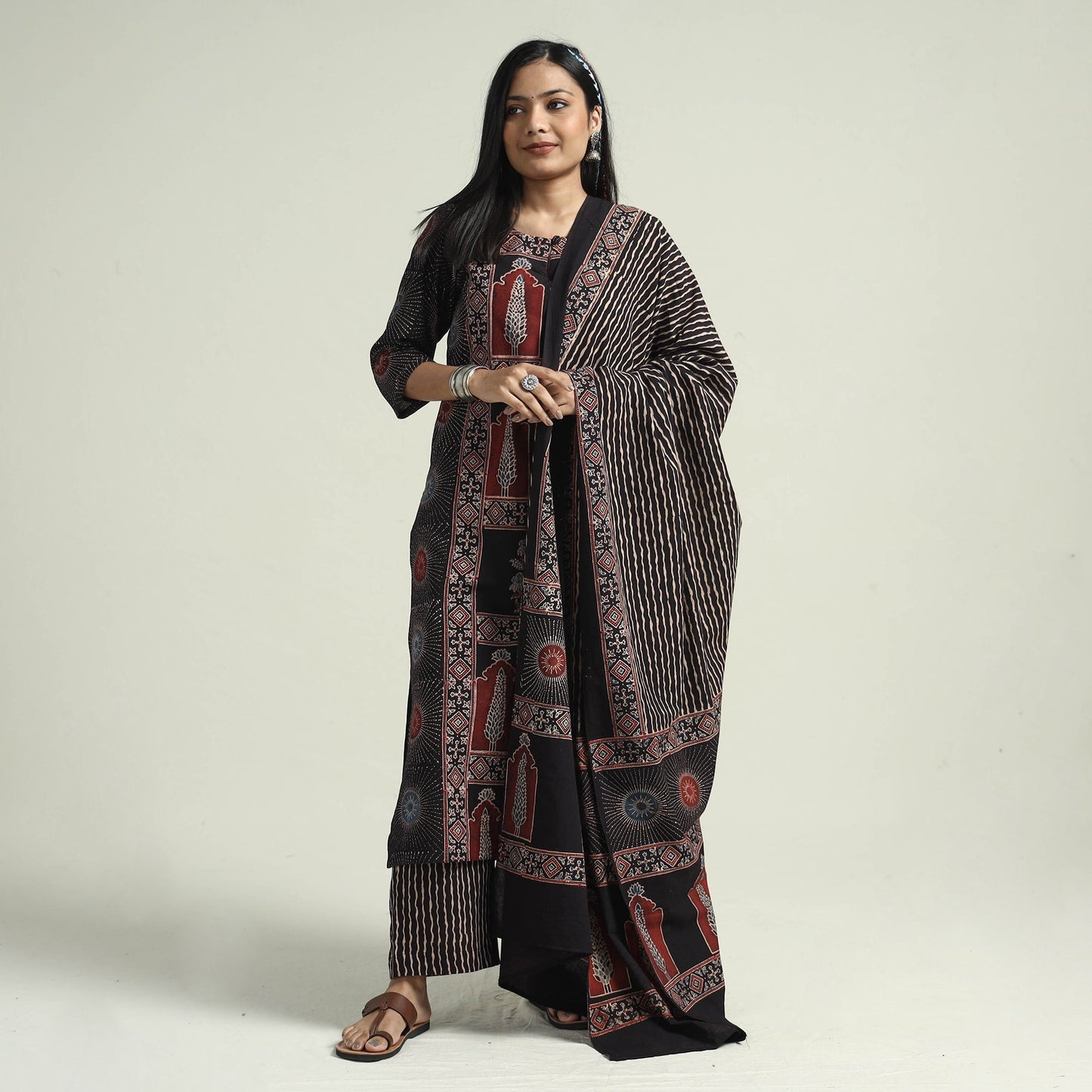 Ajrakh Block Printed Cotton Kurta With Palazzo & Dupatta Set Online at iTokri.com