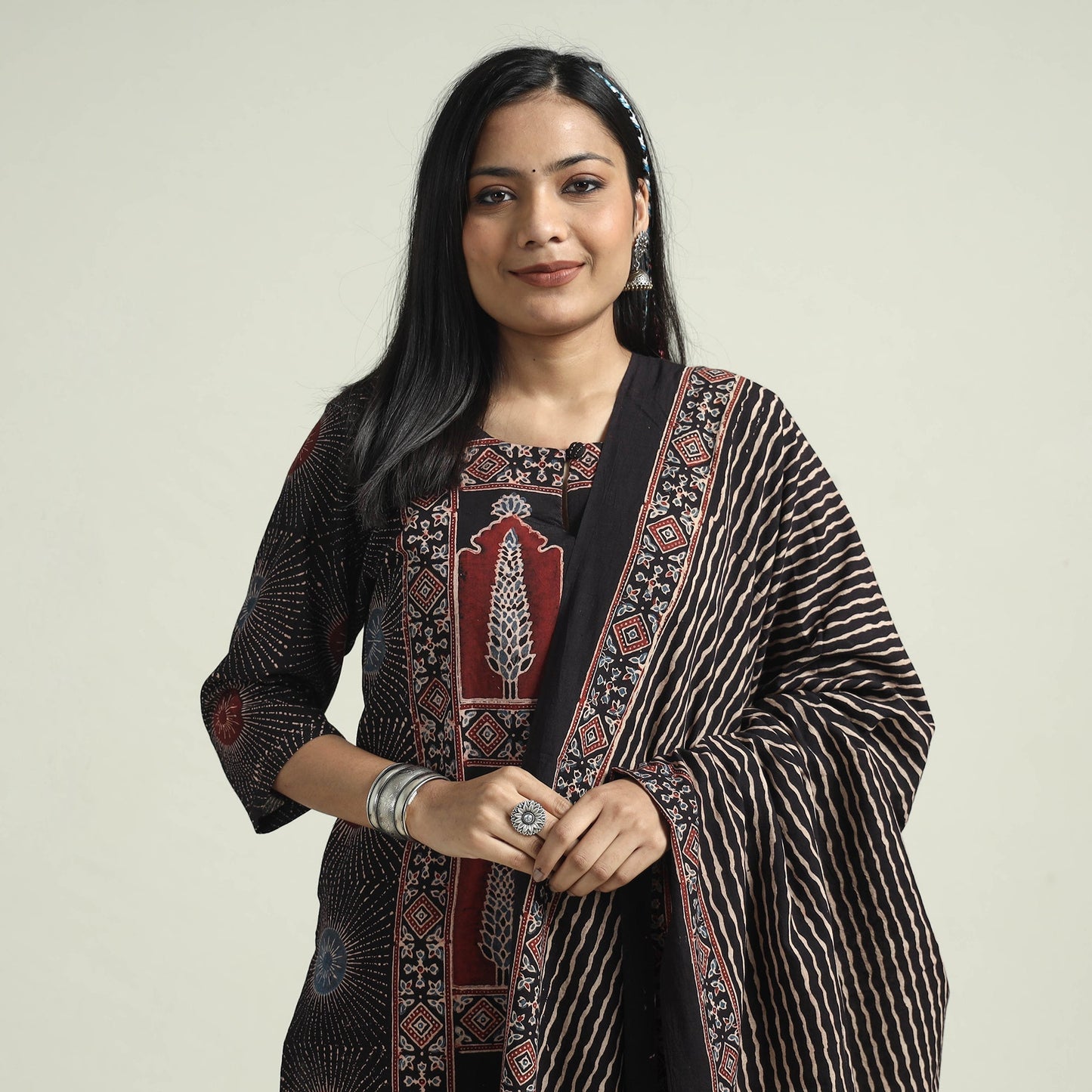 Ajrakh Block Printed Cotton Kurta With Palazzo & Dupatta Set Online at iTokri.com