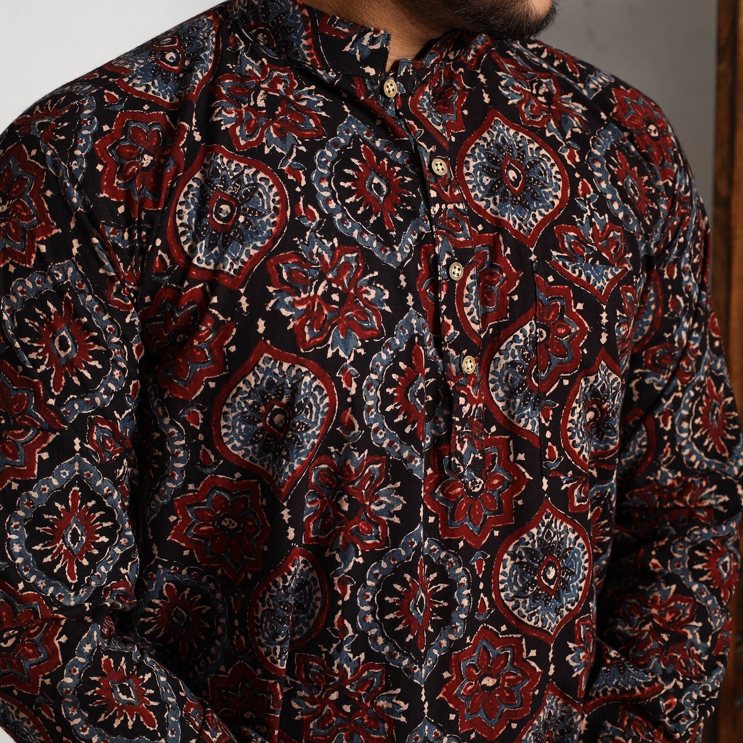 Black - ajrakh block printed cotton men long kurta