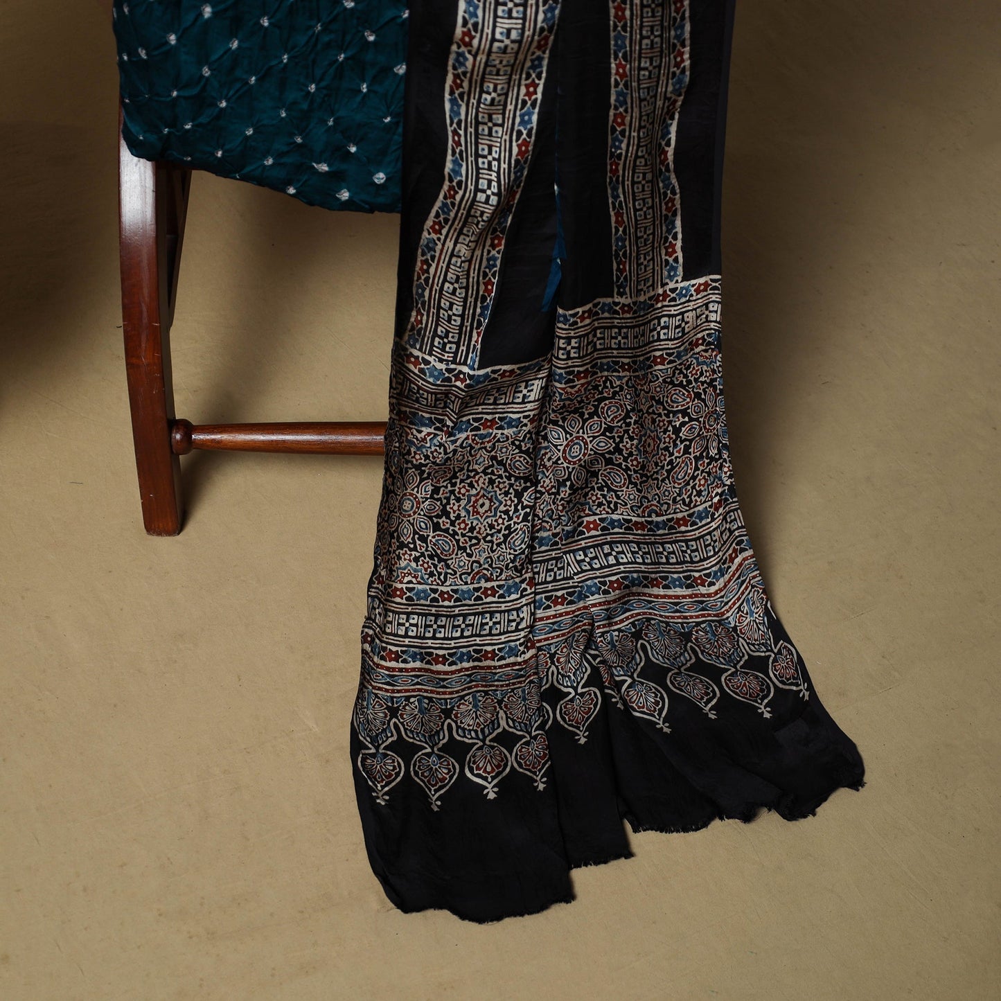 Ajrakh hand block print with bandhani modal silk natural
