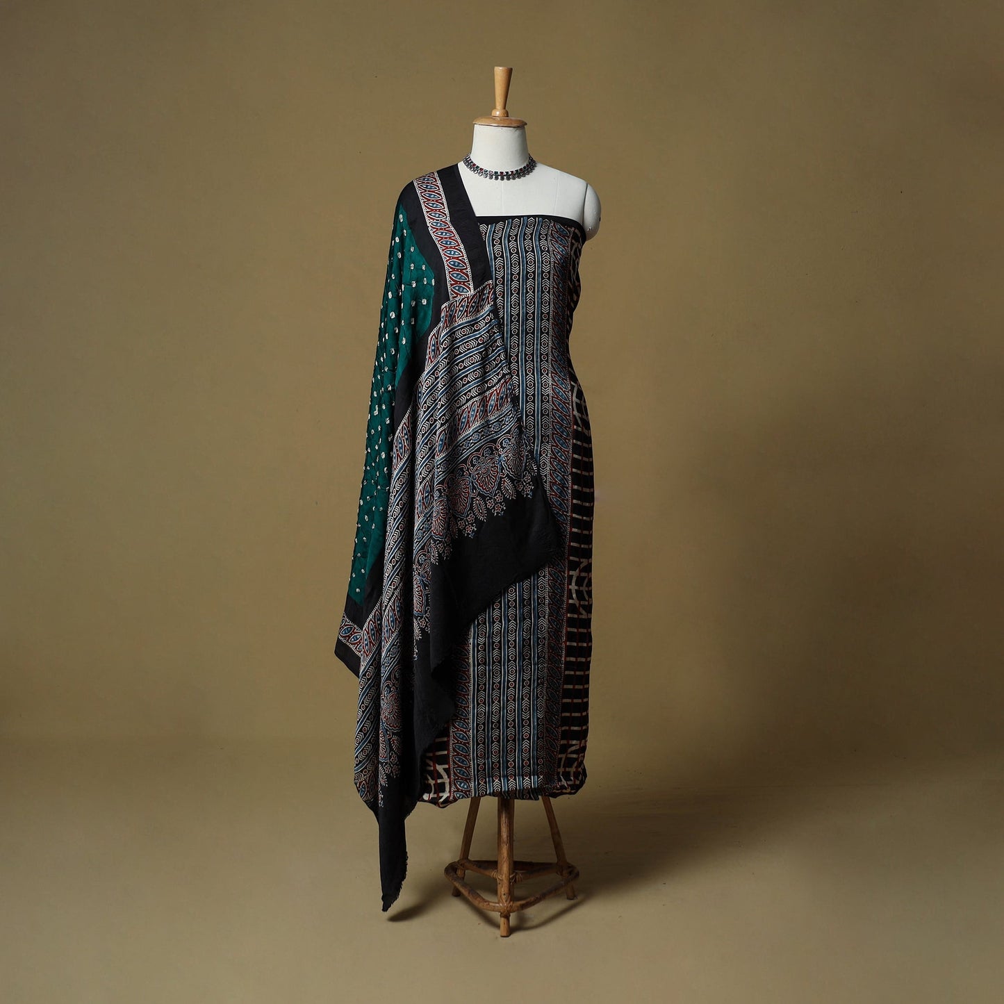 Ajrakh hand block print with bandhani modal silk natural