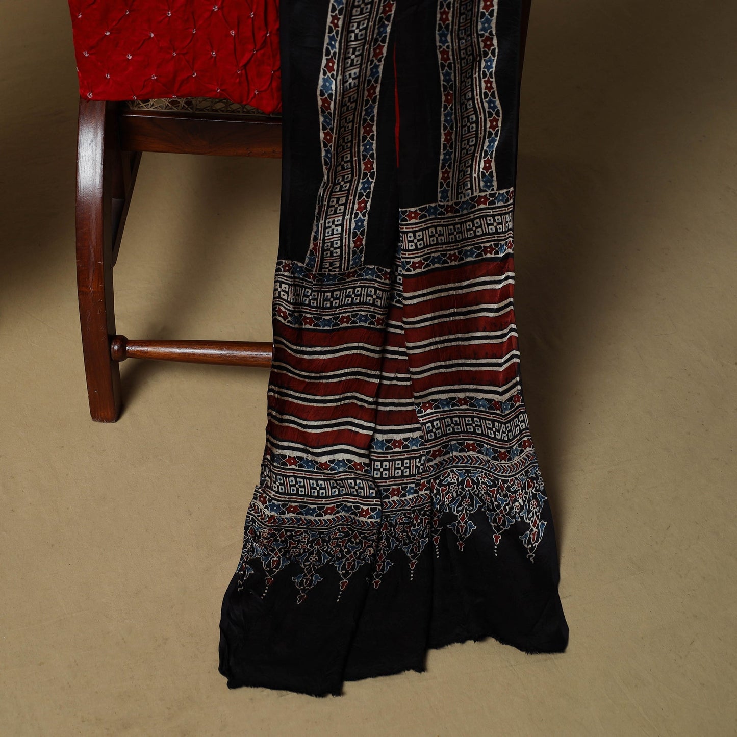 Ajrakh hand block print with bandhani modal silk natural