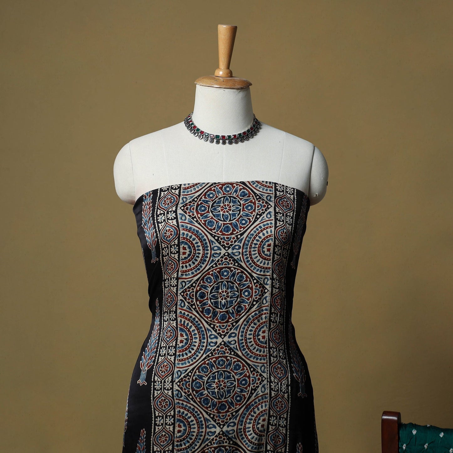 Ajrakh hand block print with bandhani modal silk natural