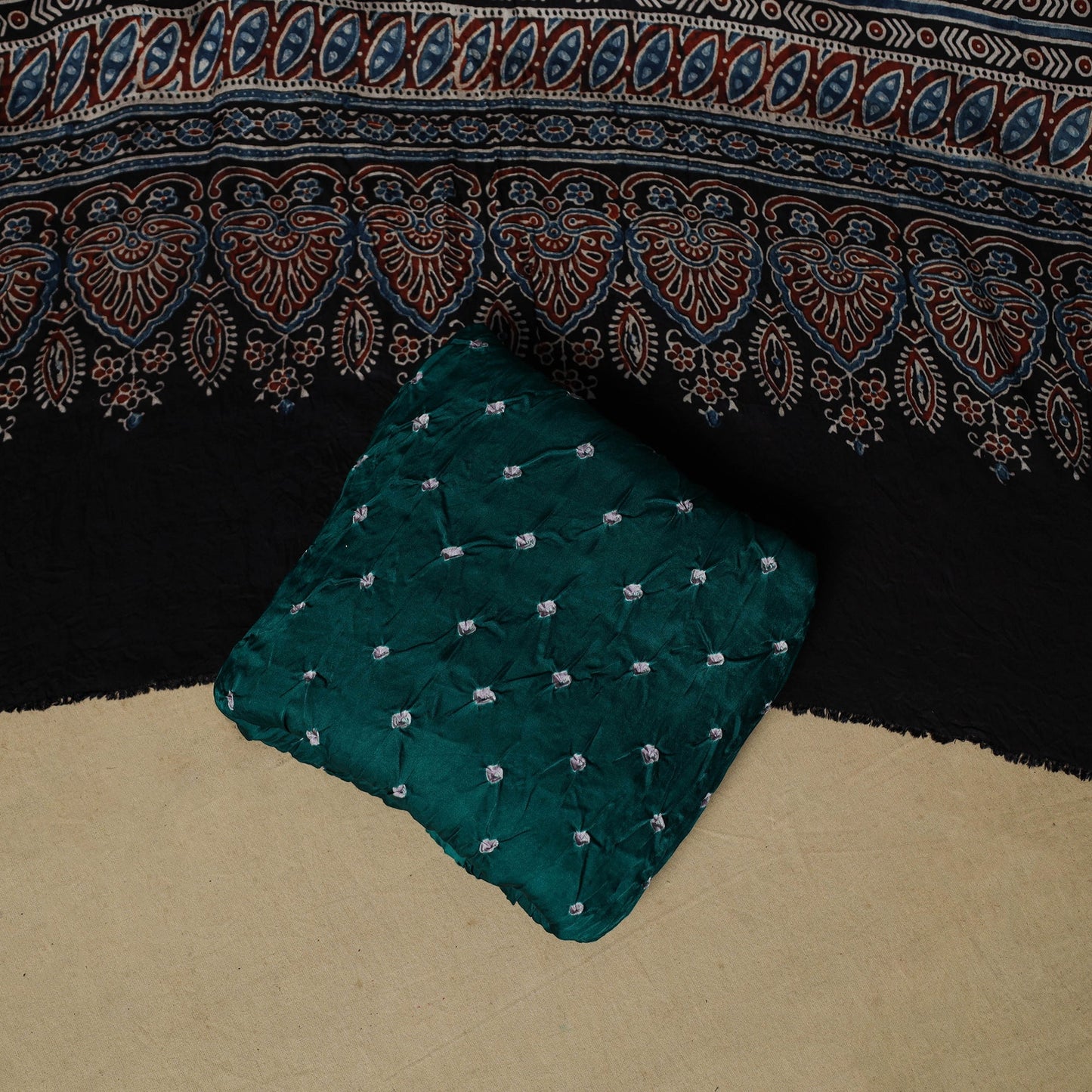 Ajrakh hand block print with bandhani modal silk natural