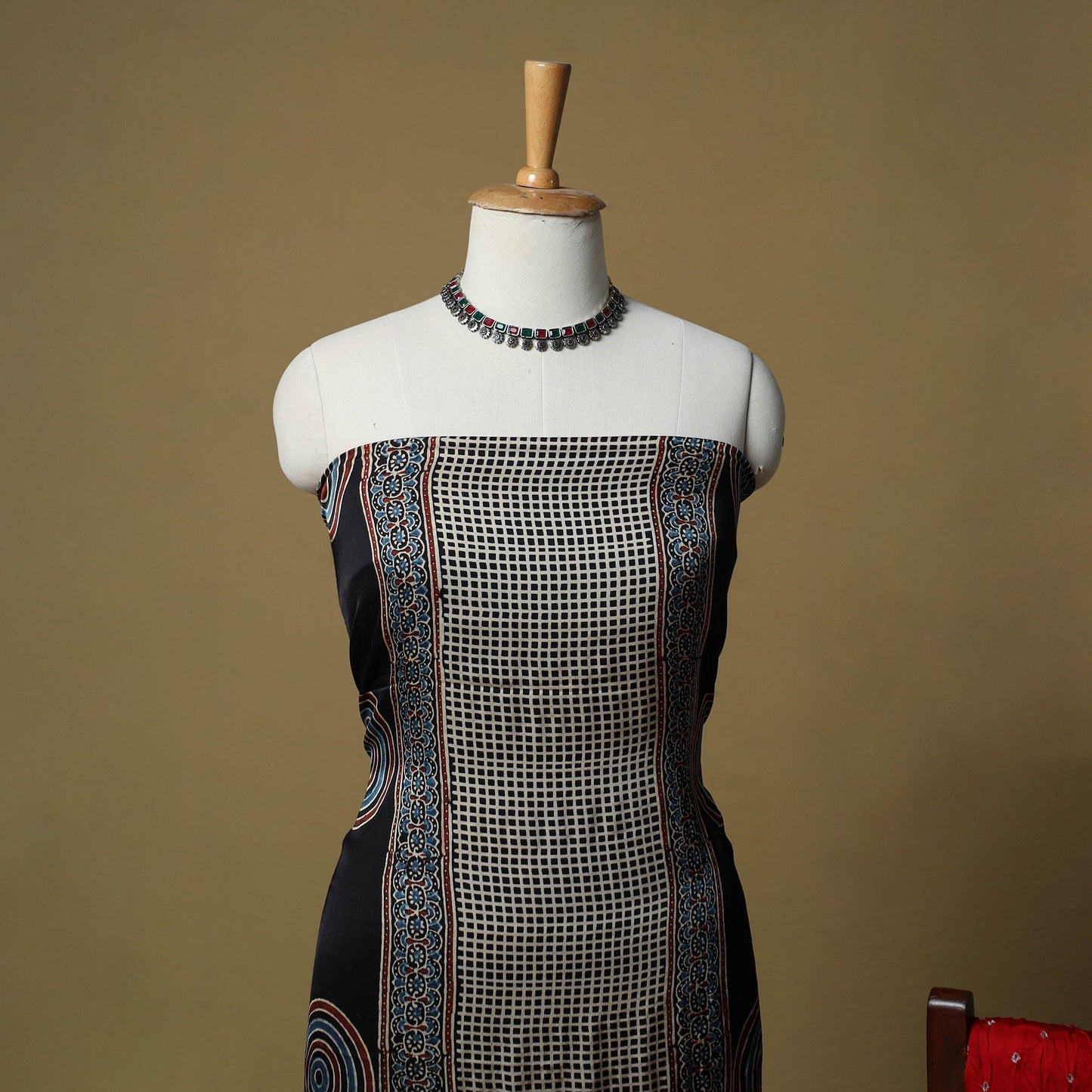 Ajrakh hand block print with bandhani modal silk natural