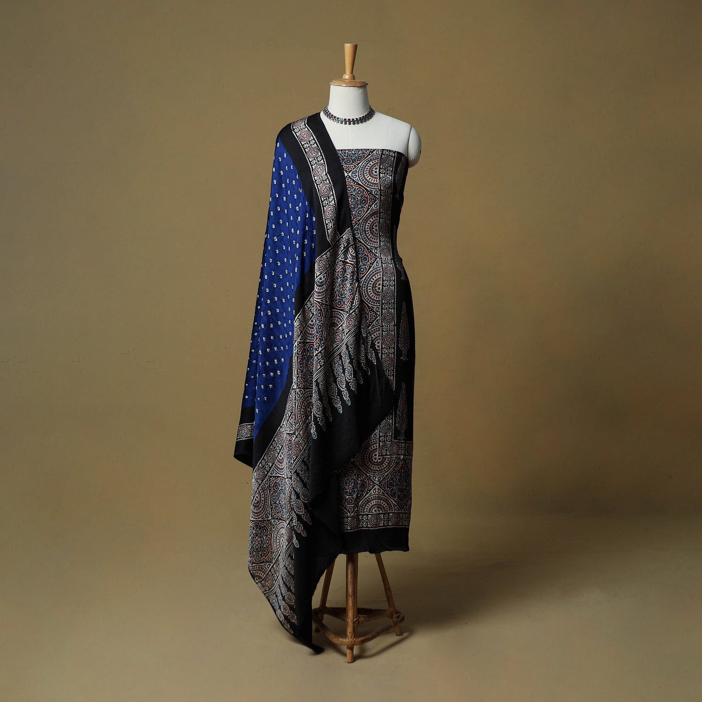 Ajrakh hand block print with bandhani modal silk natural