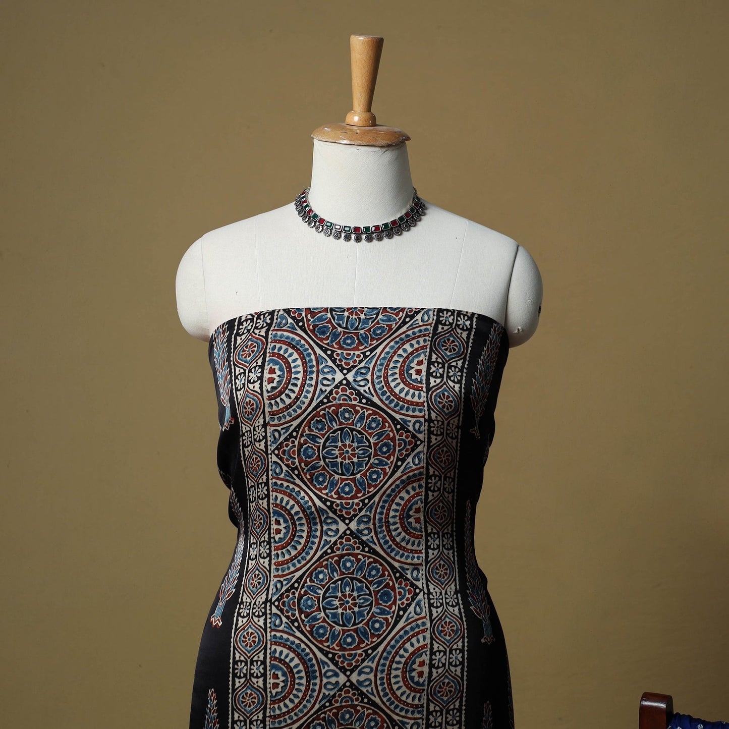 Ajrakh hand block print with bandhani modal silk natural